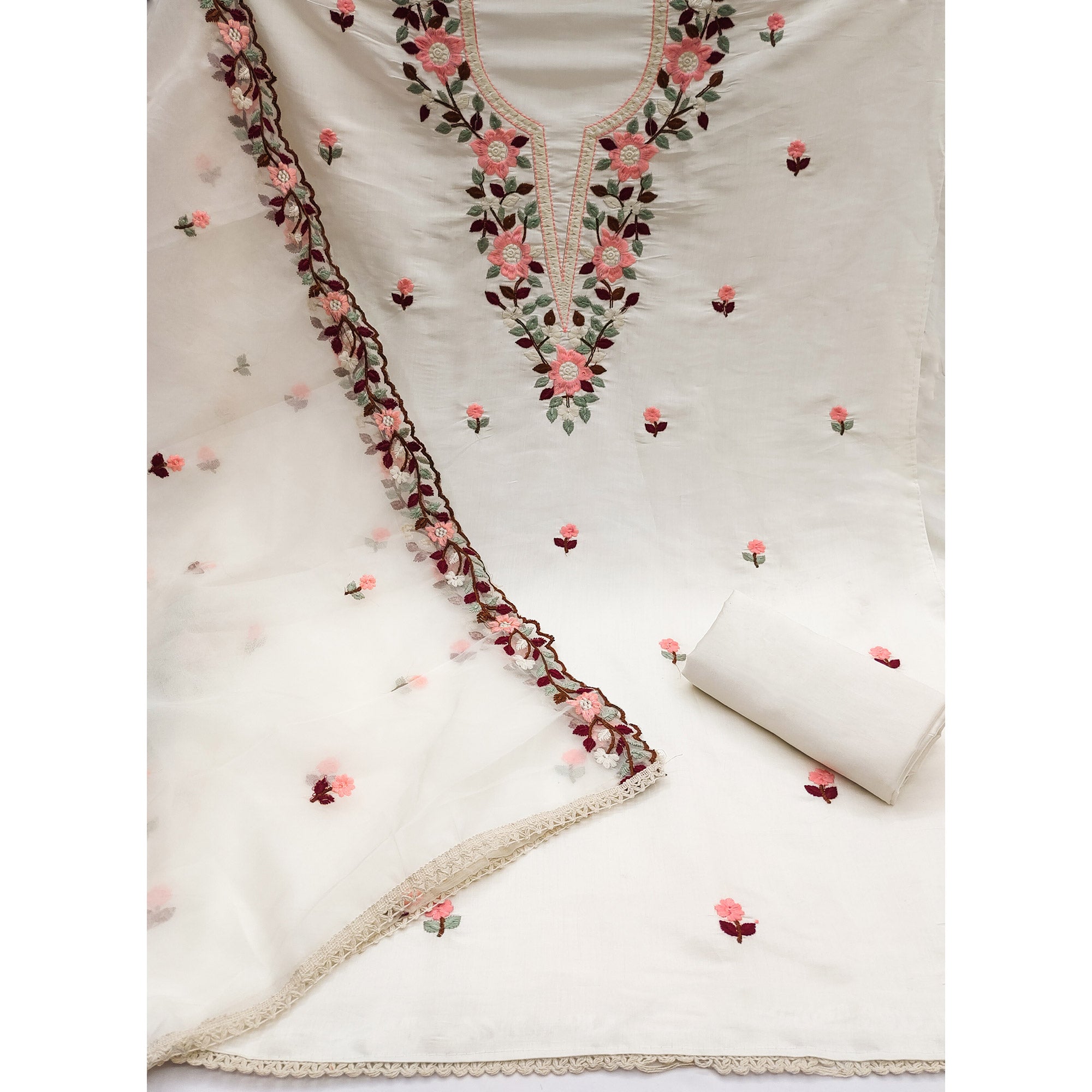 White Floral Embroidered Roman Cotton Silk Dress Material