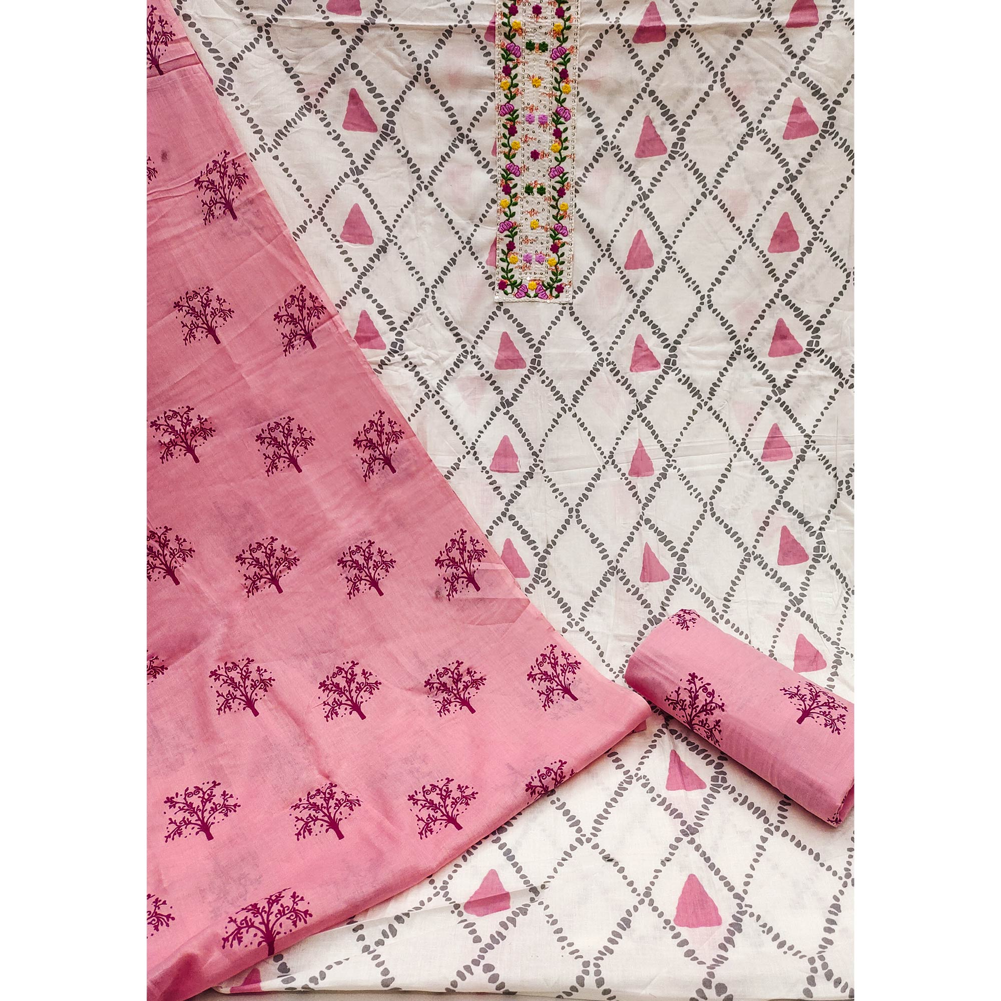 White & Pink Printed Pure Cotton Dress Material