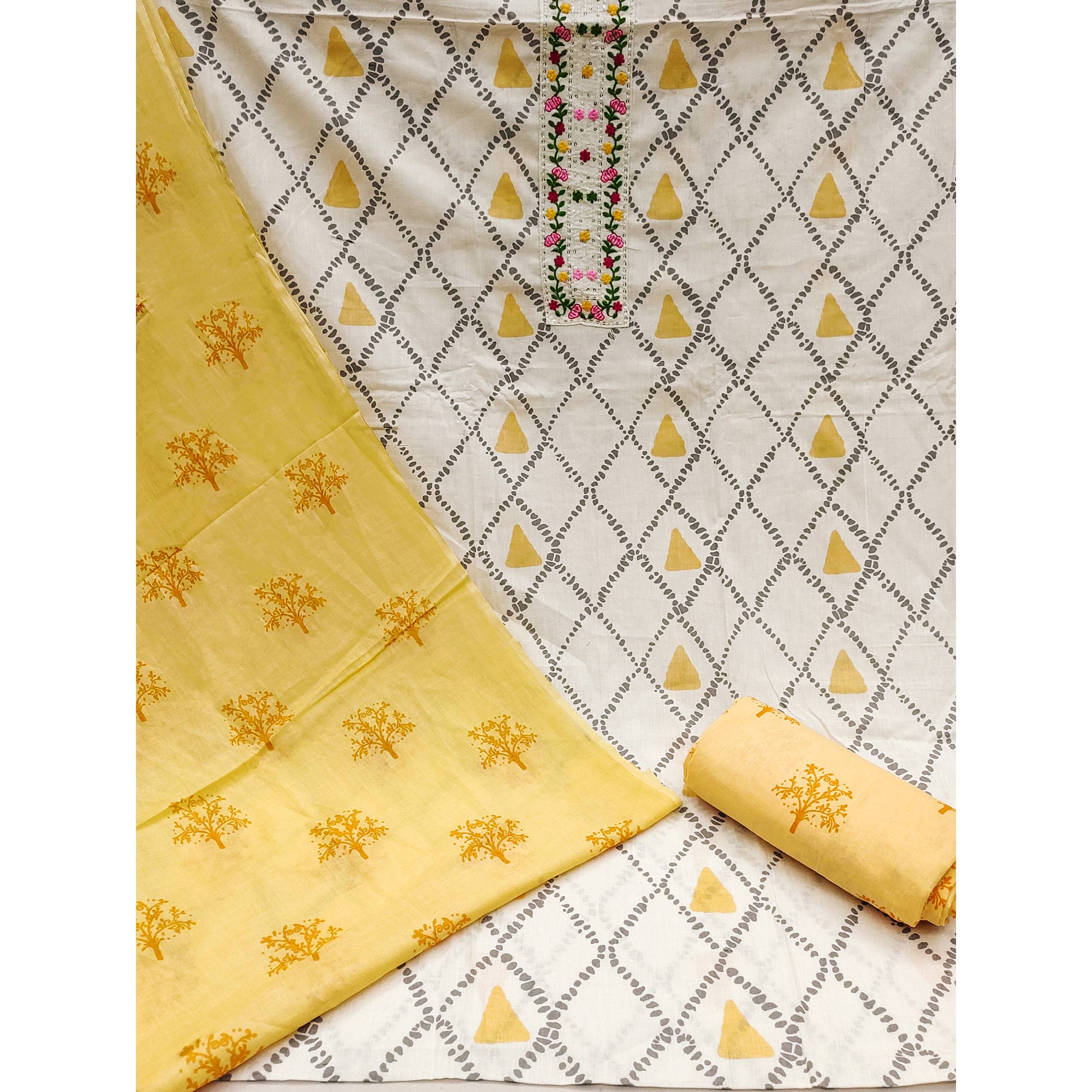 White & Yellow Printed Pure Cotton Dress Material