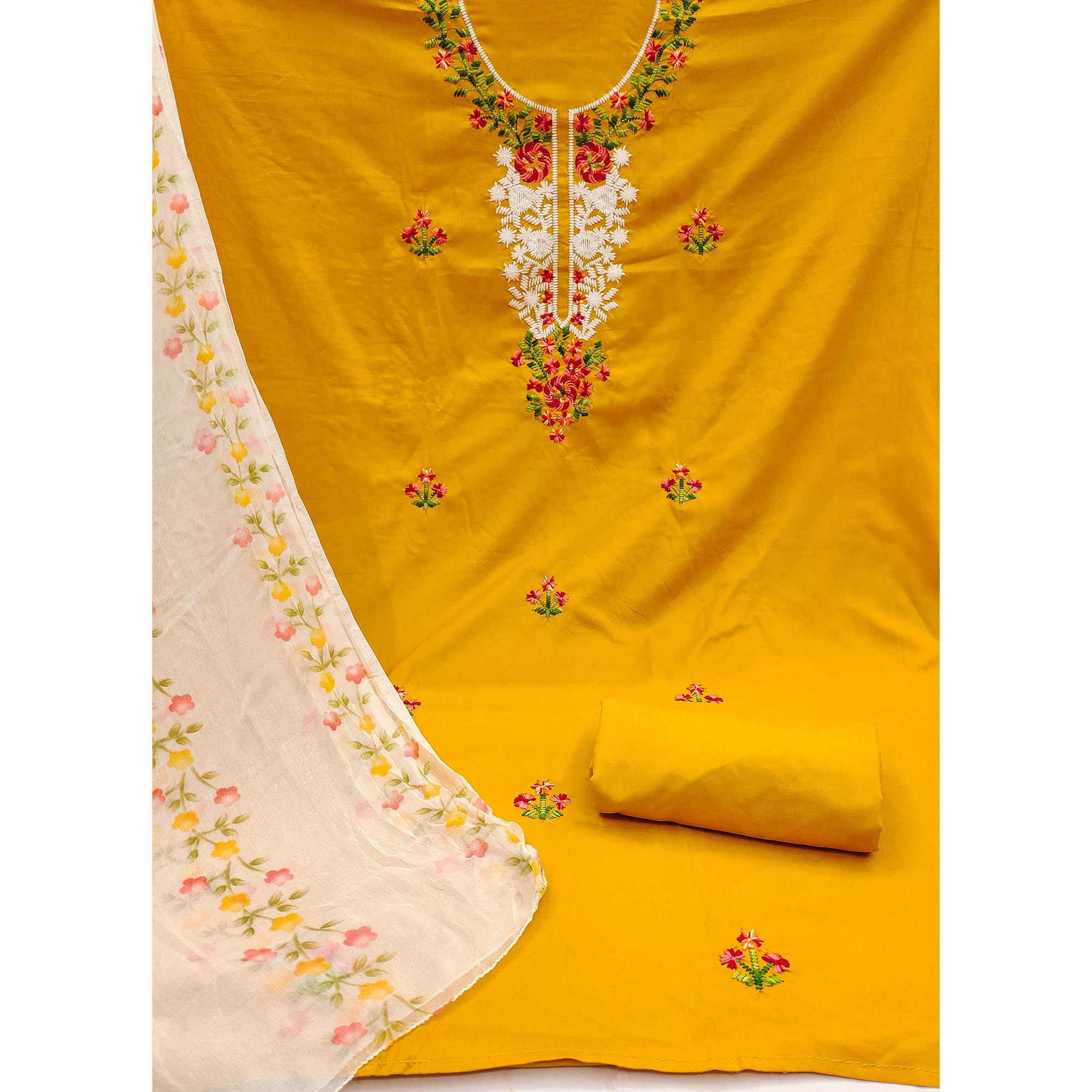 Mustard Floral Embroidered Pure Cotton Dress Material