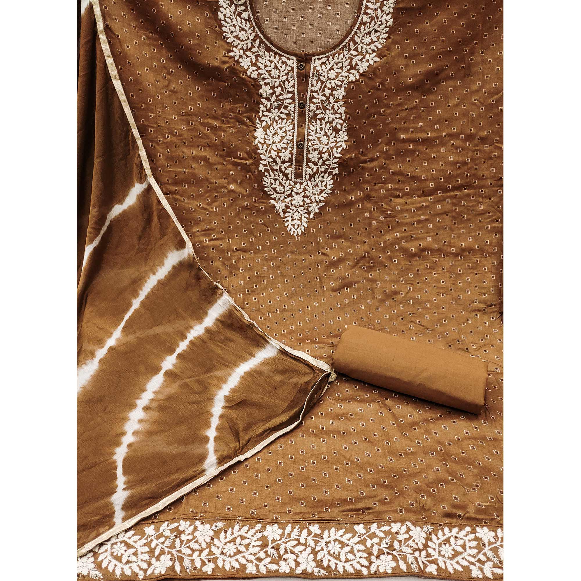 Brown Printed With Embroidery Pure Cotton Dress Material