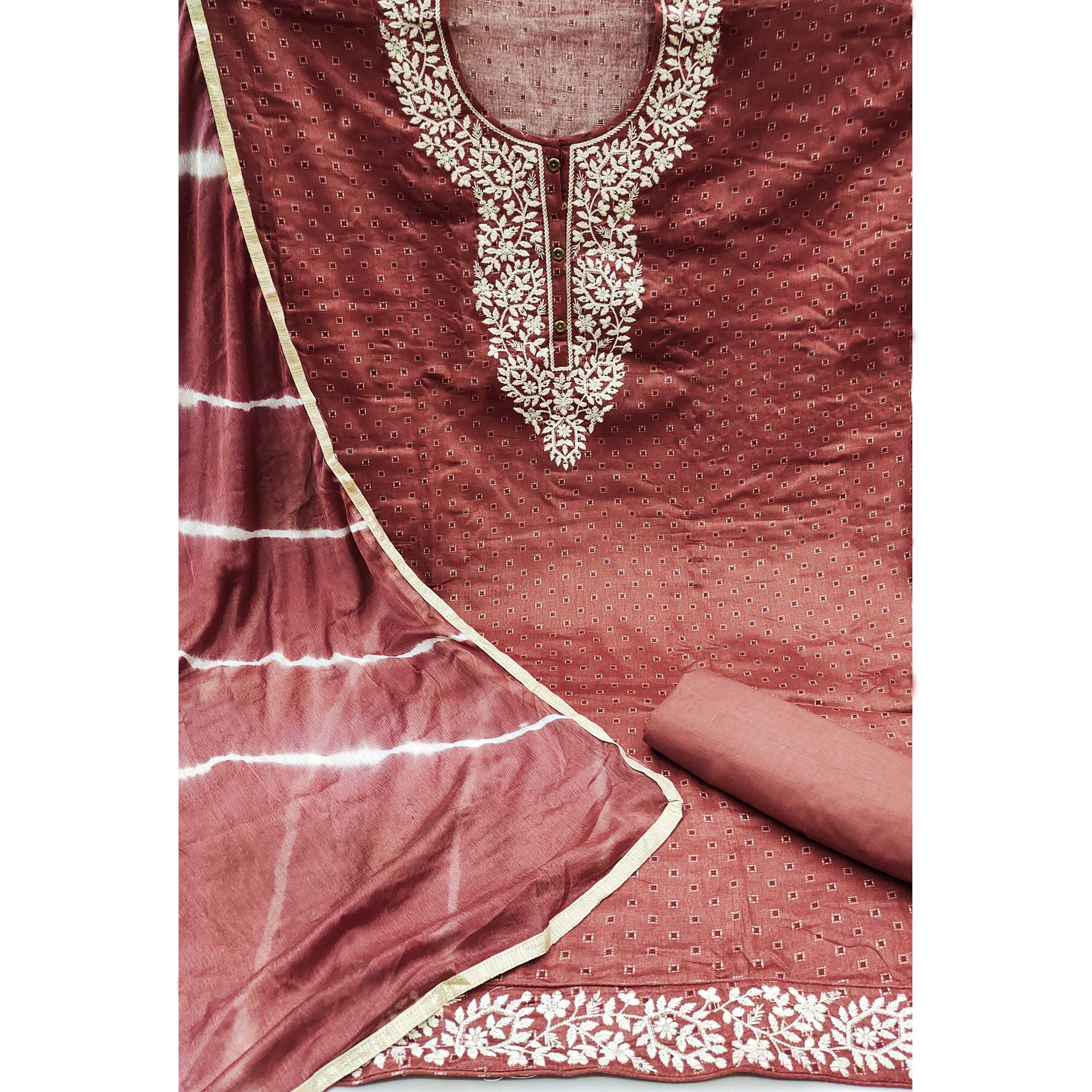 Rust Printed With Embroidery Pure Cotton Dress Material