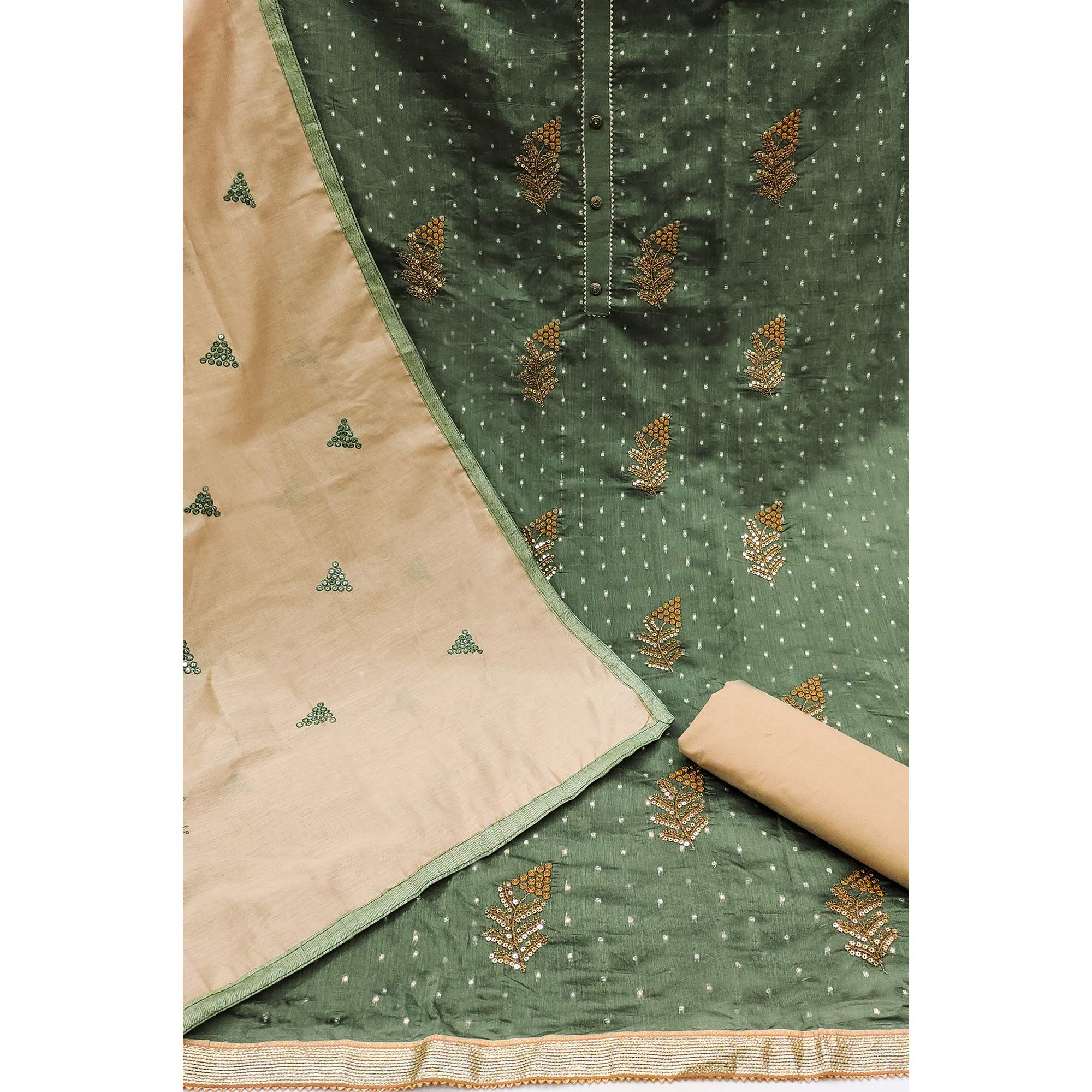 Green Sequins Embroidered Chanderi Dress Material