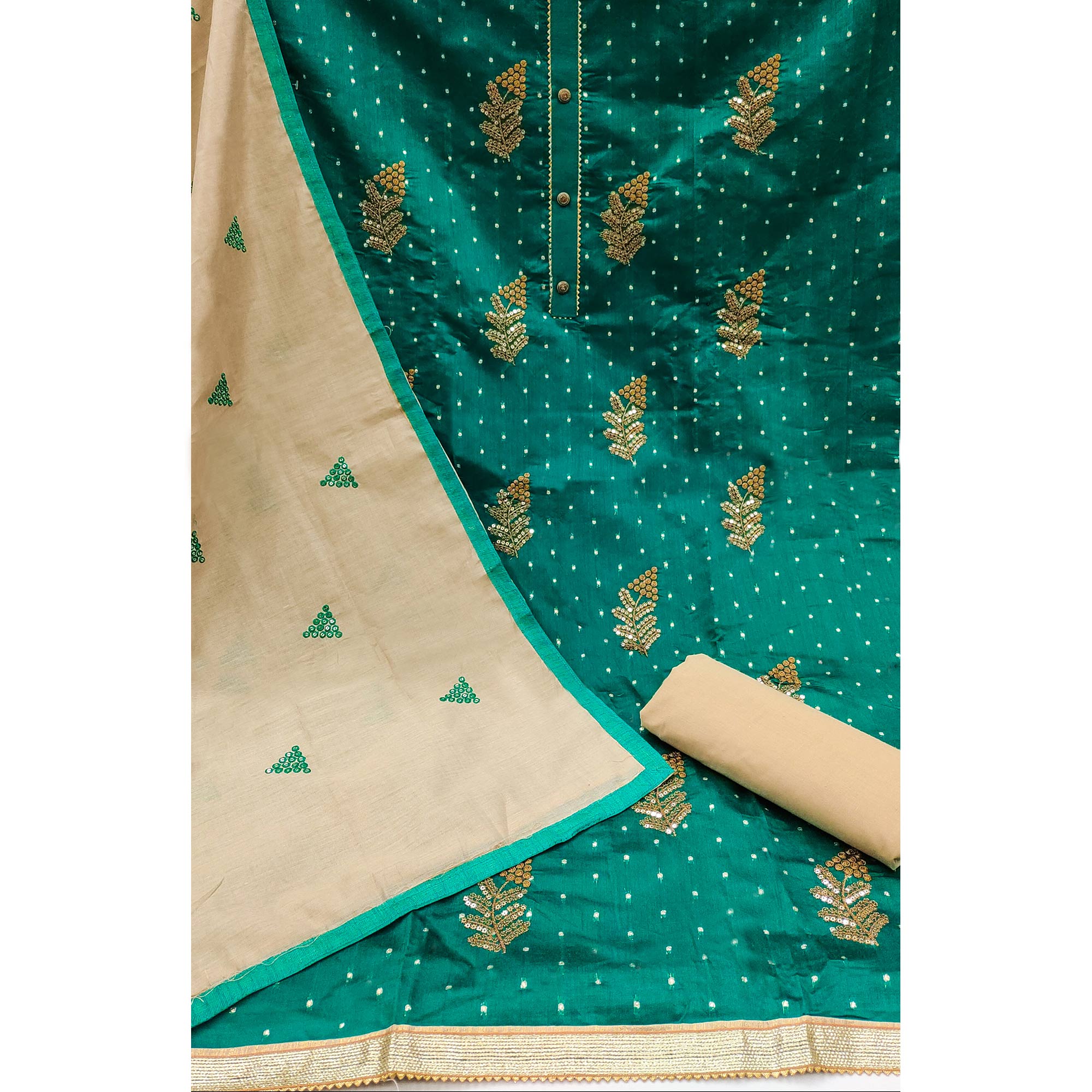 Rama Green Sequins Embroidered Chanderi Dress Material