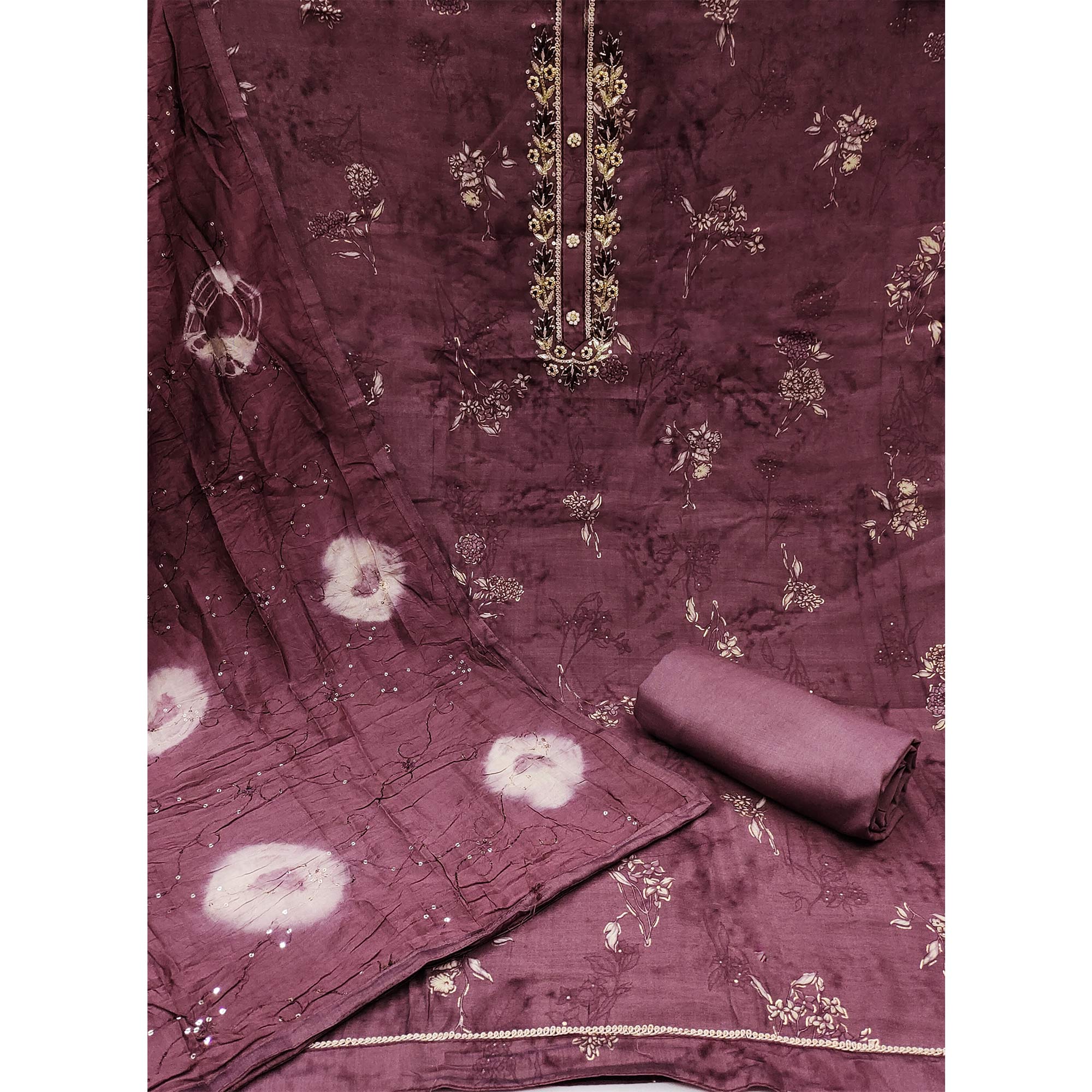 Dark Mavue Floral Printed Pure Cotton Dress Material