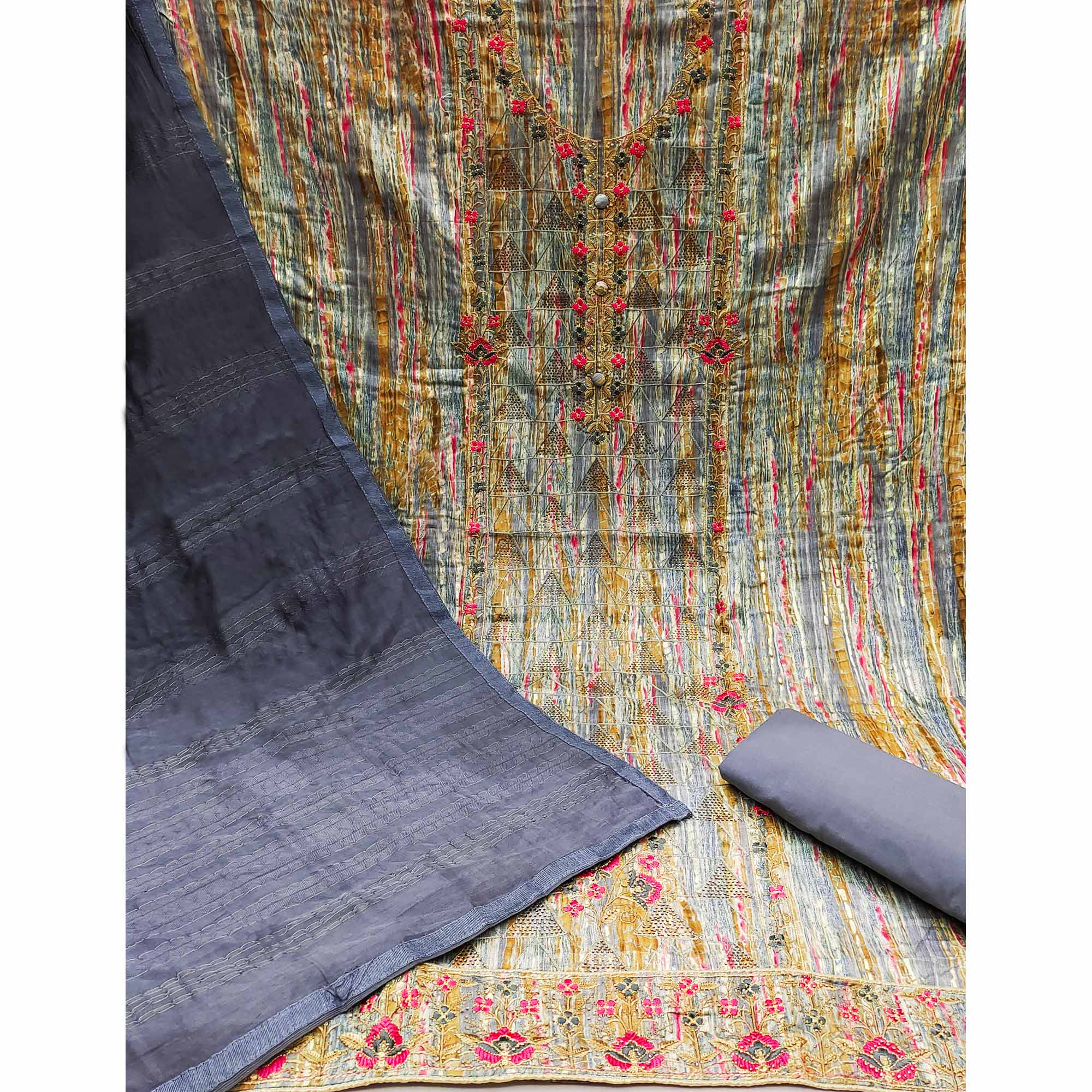 Grey Printed With Embroidered Pure Cotton Dress Material