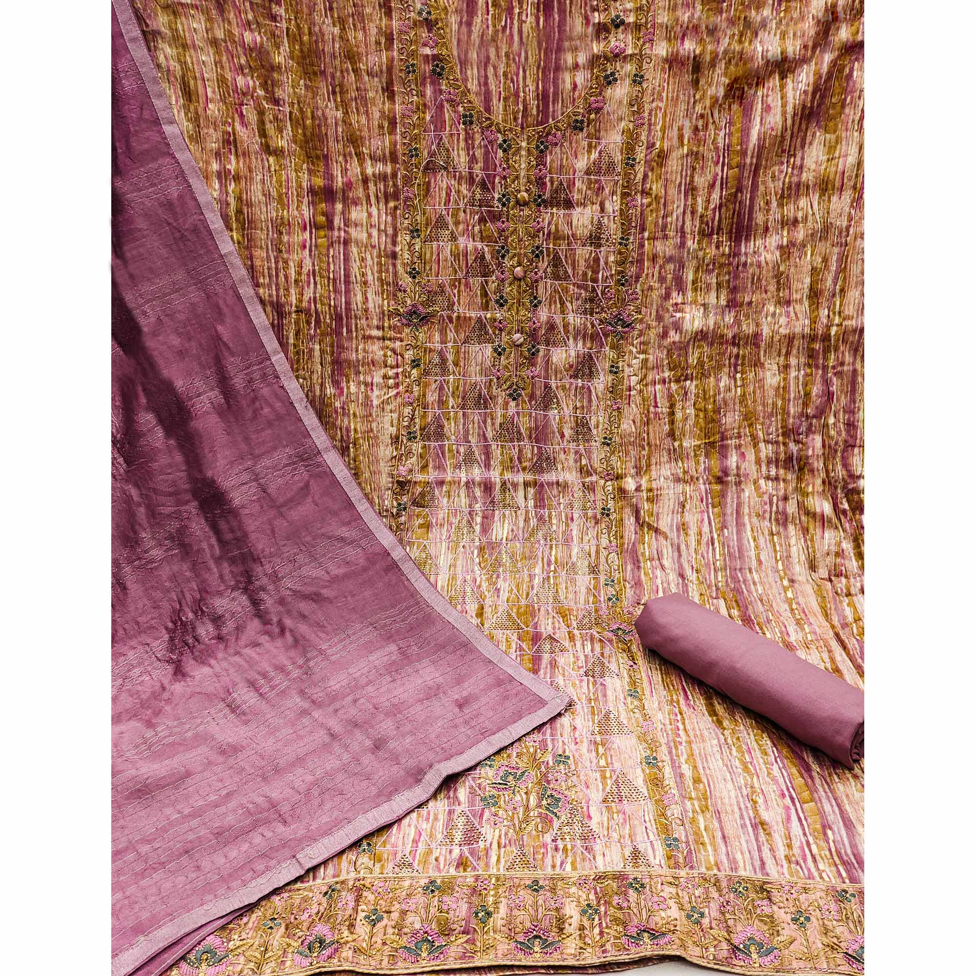 Pink Printed With Embroidered Pure Cotton Dress Material