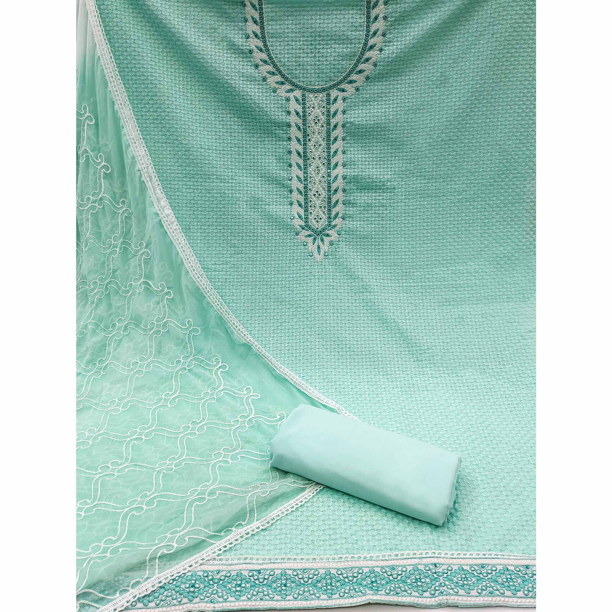 Turquoise Chikankari work Pure Cotton Dress Material