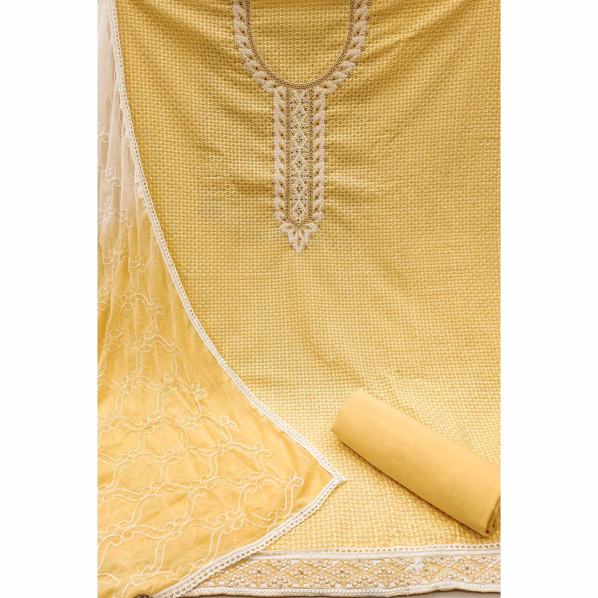 Yellow Chikankari work Pure Cotton Dress Material