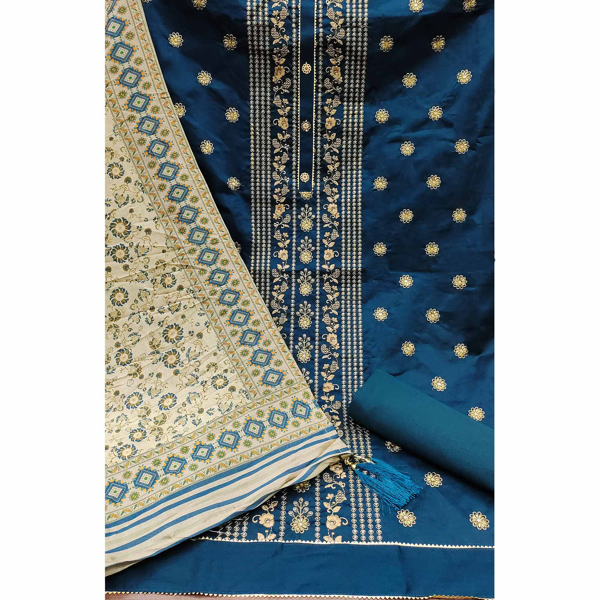 Blue Floral Embroidered Cotton Silk Dress Material
