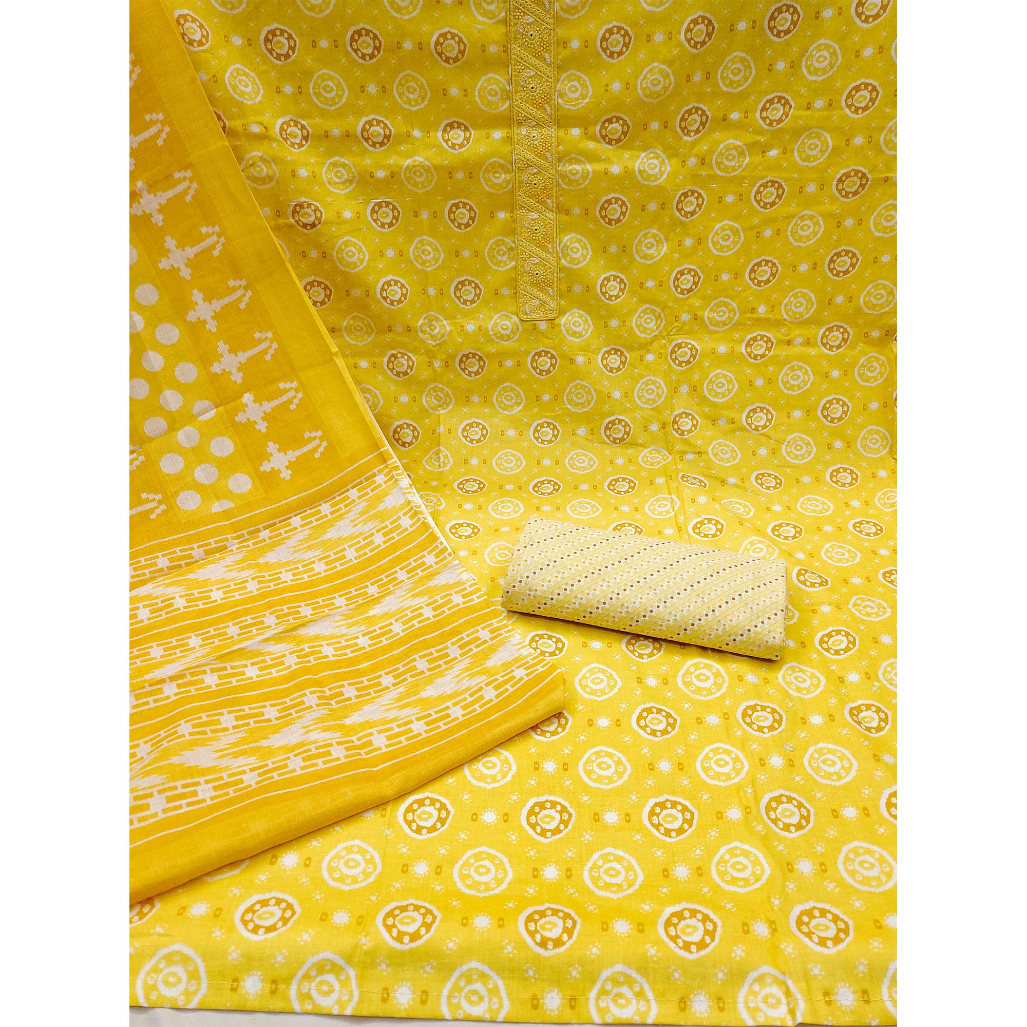 Yellow Printed Pure Cotton Dress Material