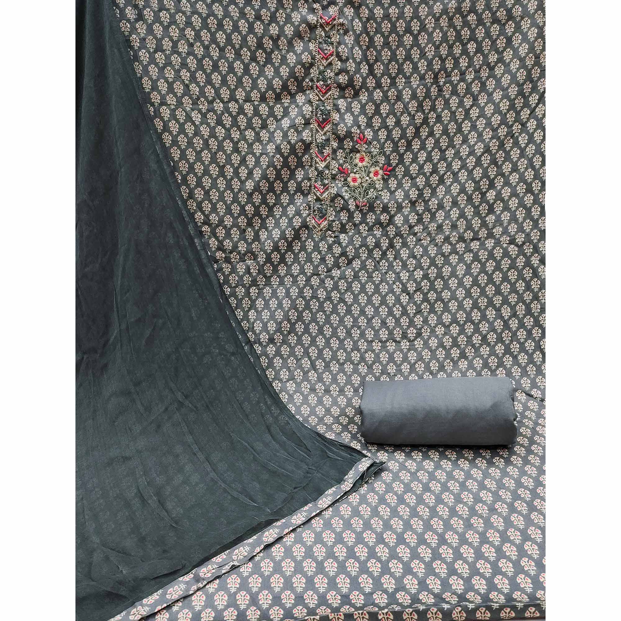 Grey Floral Printed With Embroidery Cotton Dress Material