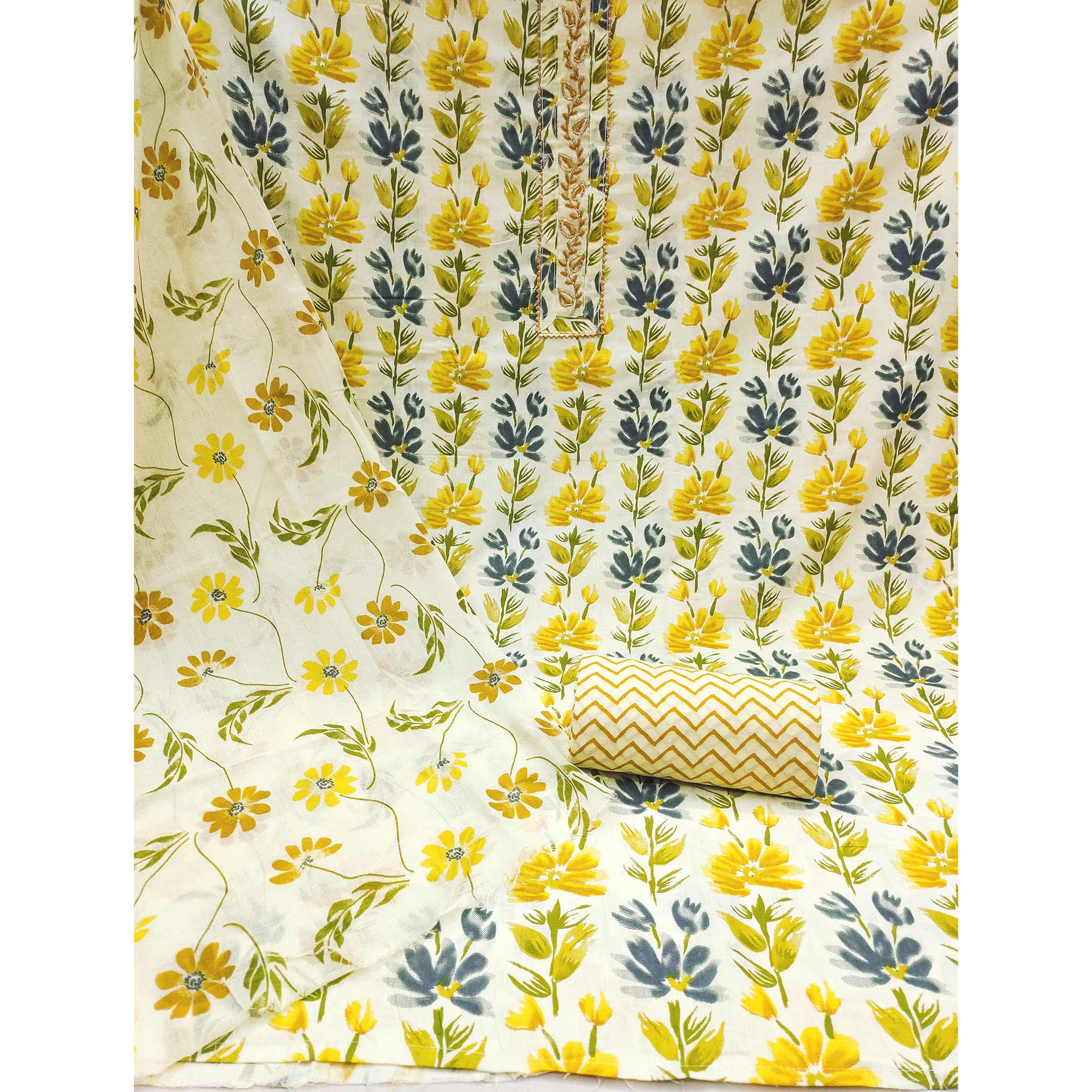 Yellow Floral Printed With Handwork Pure Cotton Dress Material