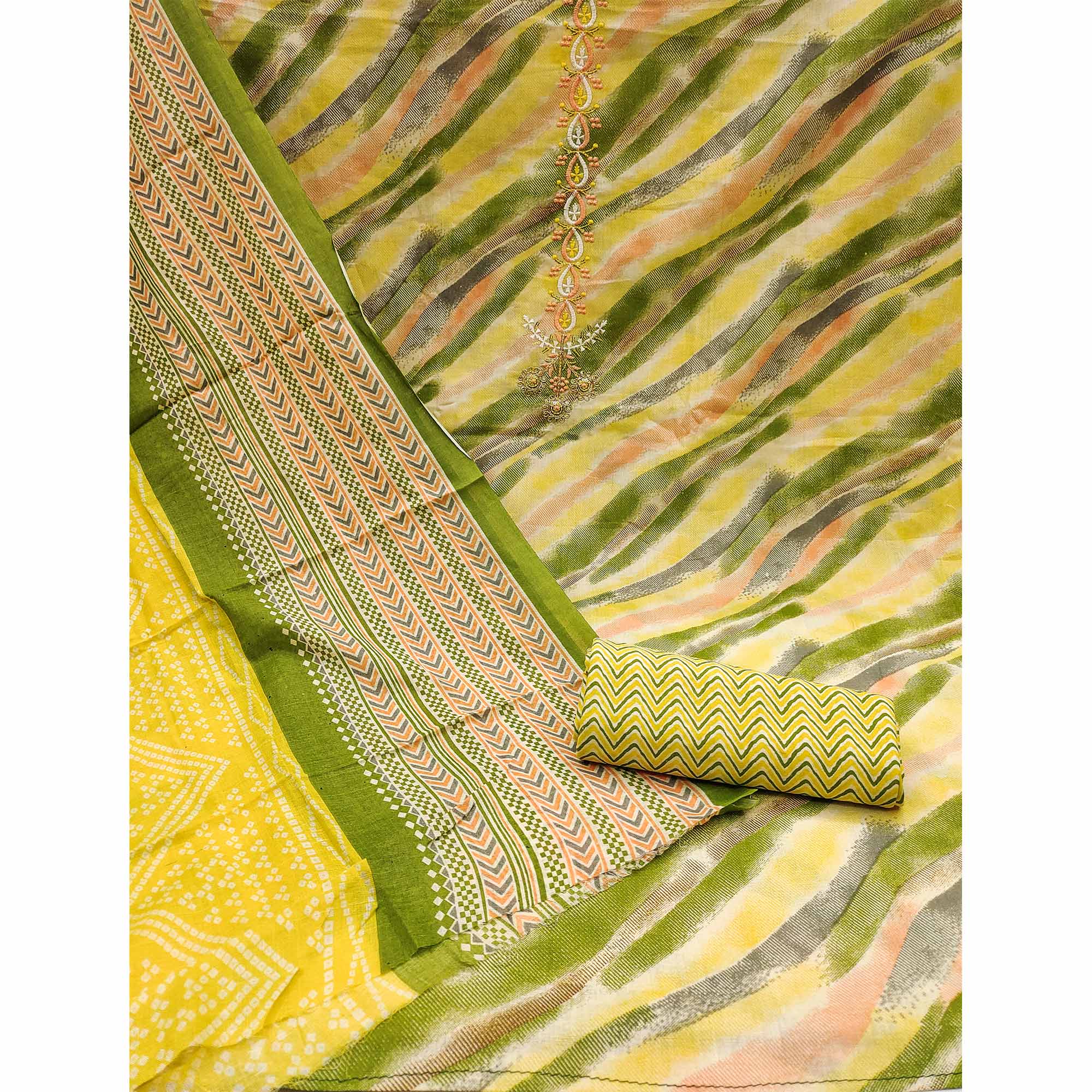 Yellow Printed With Embroidered Pure Cotton Dress Material