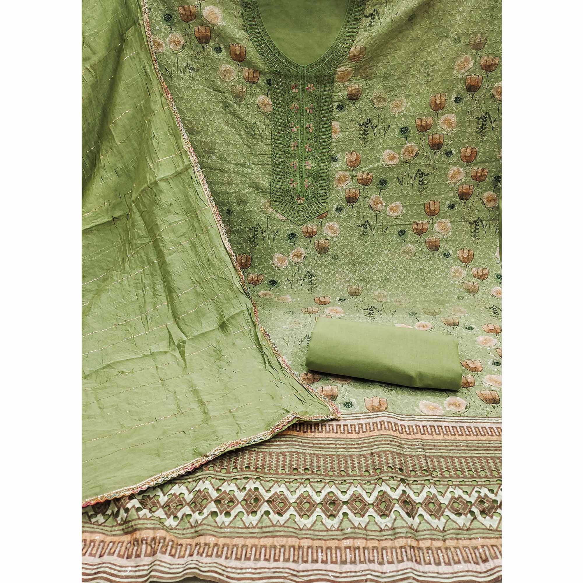 Green Floral Print With Embroidered Pure Cotton Dress Material