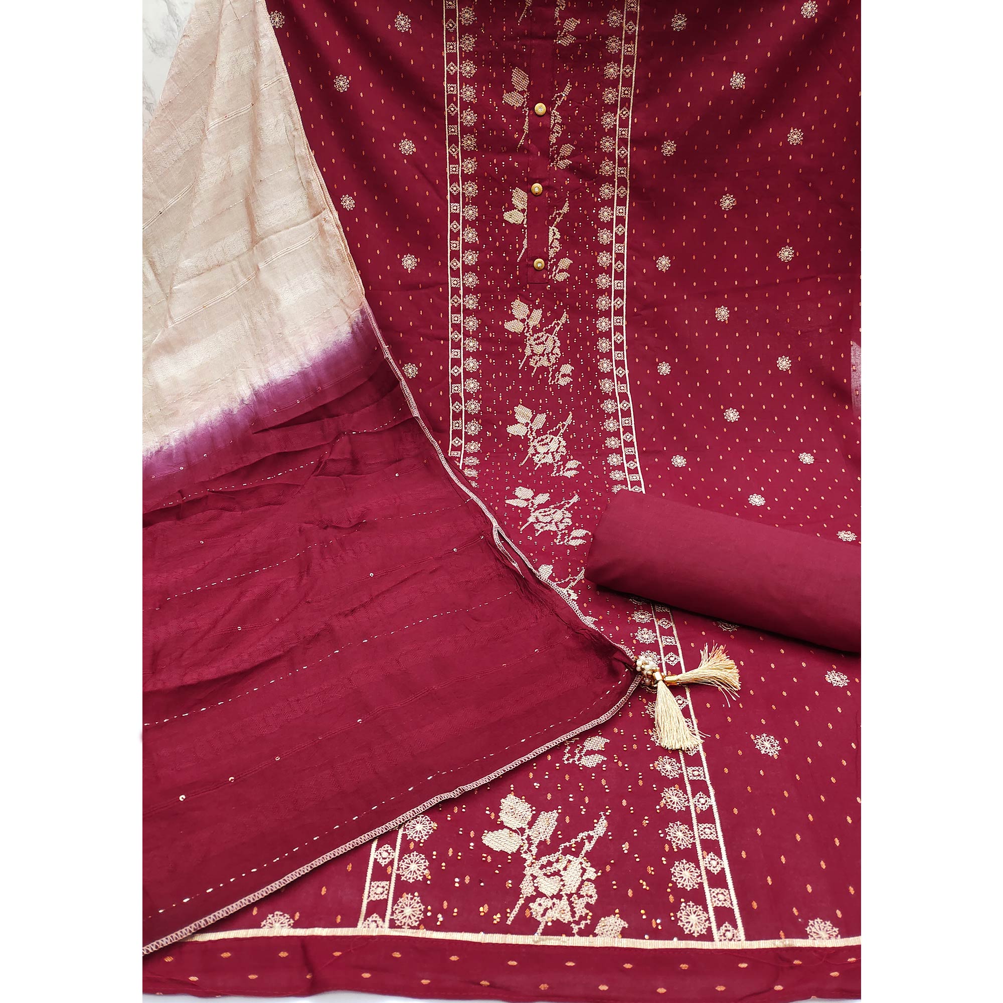 Maroon Embroidery With Stonework Cotton Silk Dress Material