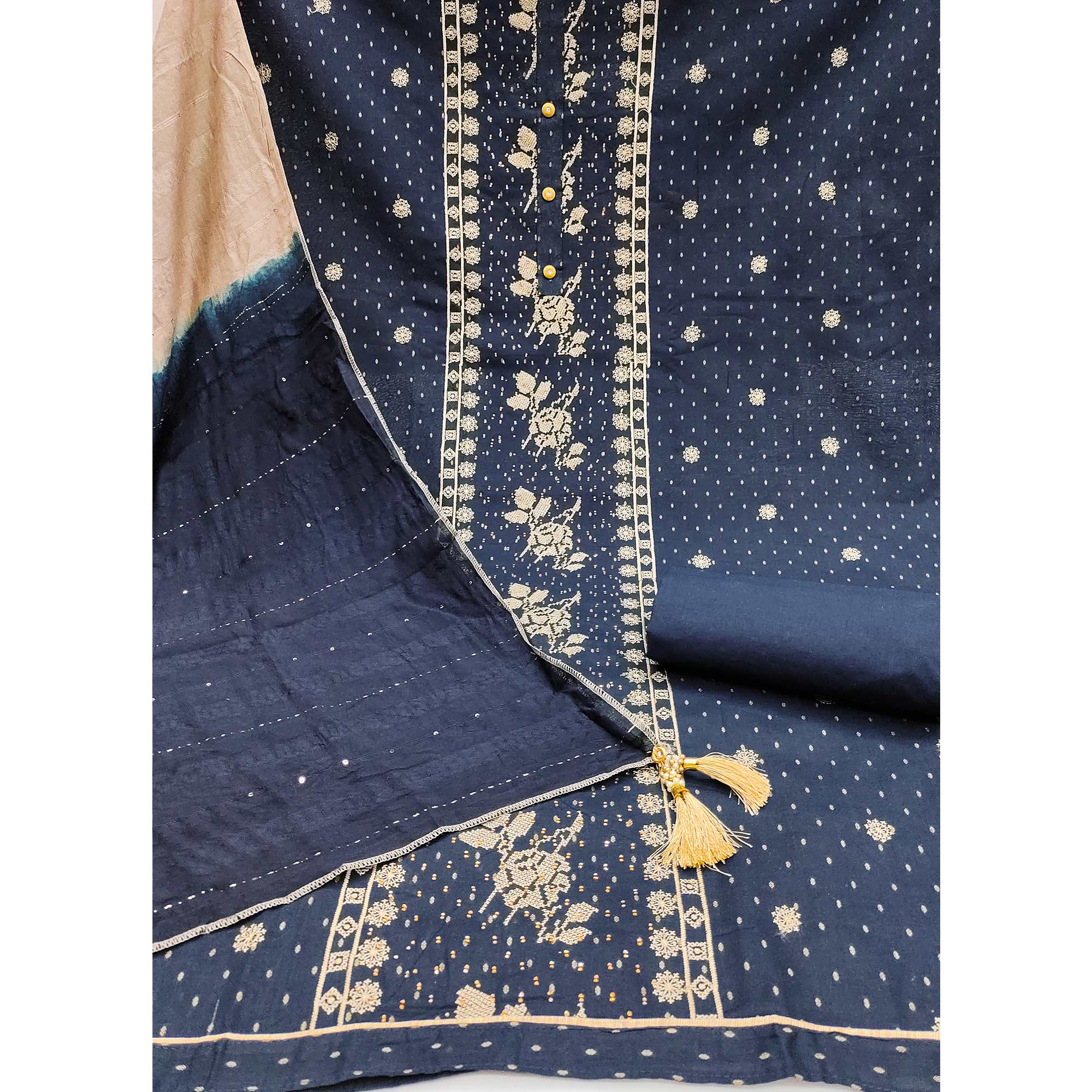 Navy Blue Embroidery With Stonework Cotton Silk Dress Material