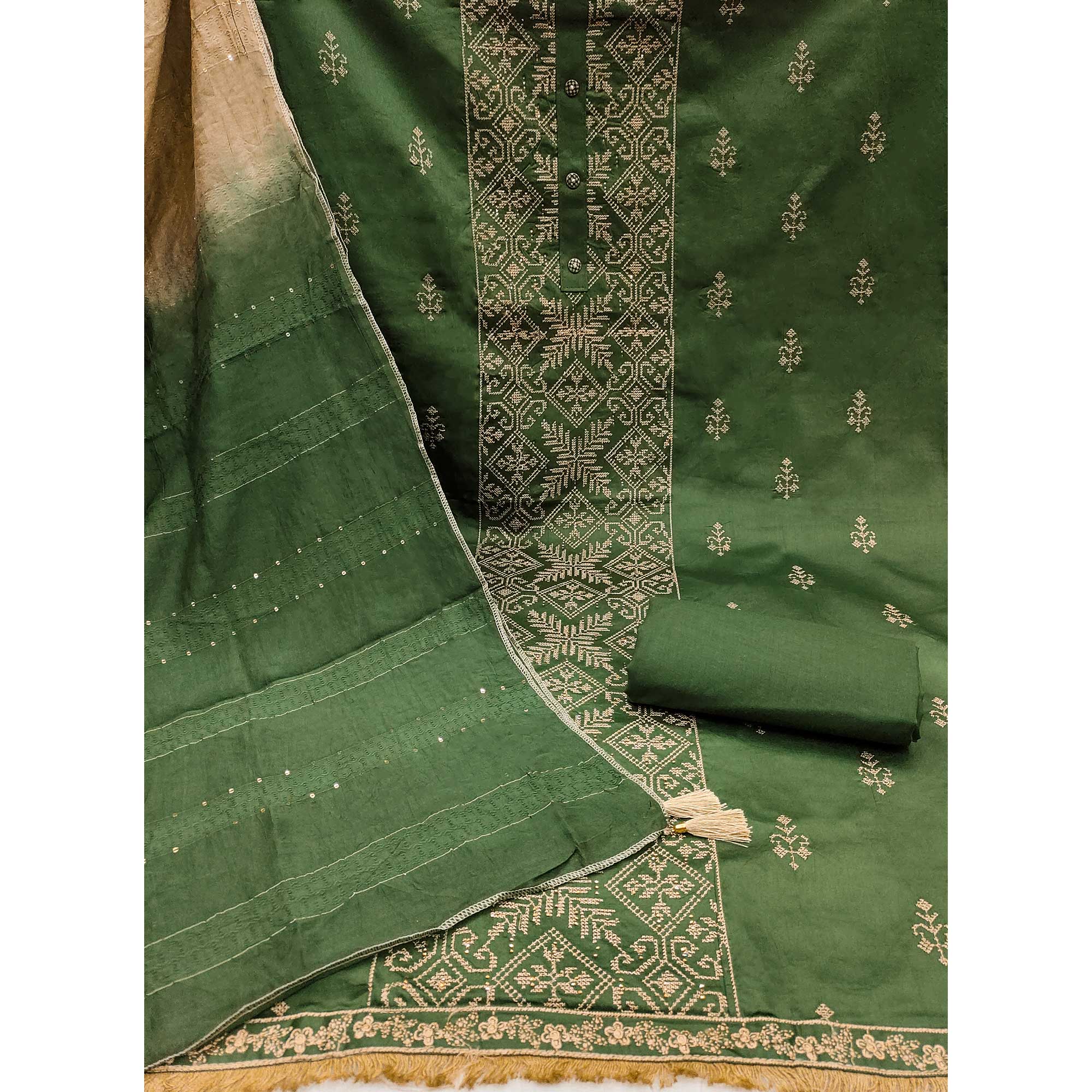 Green Floral Embroidery Cotton Silk Dress Material