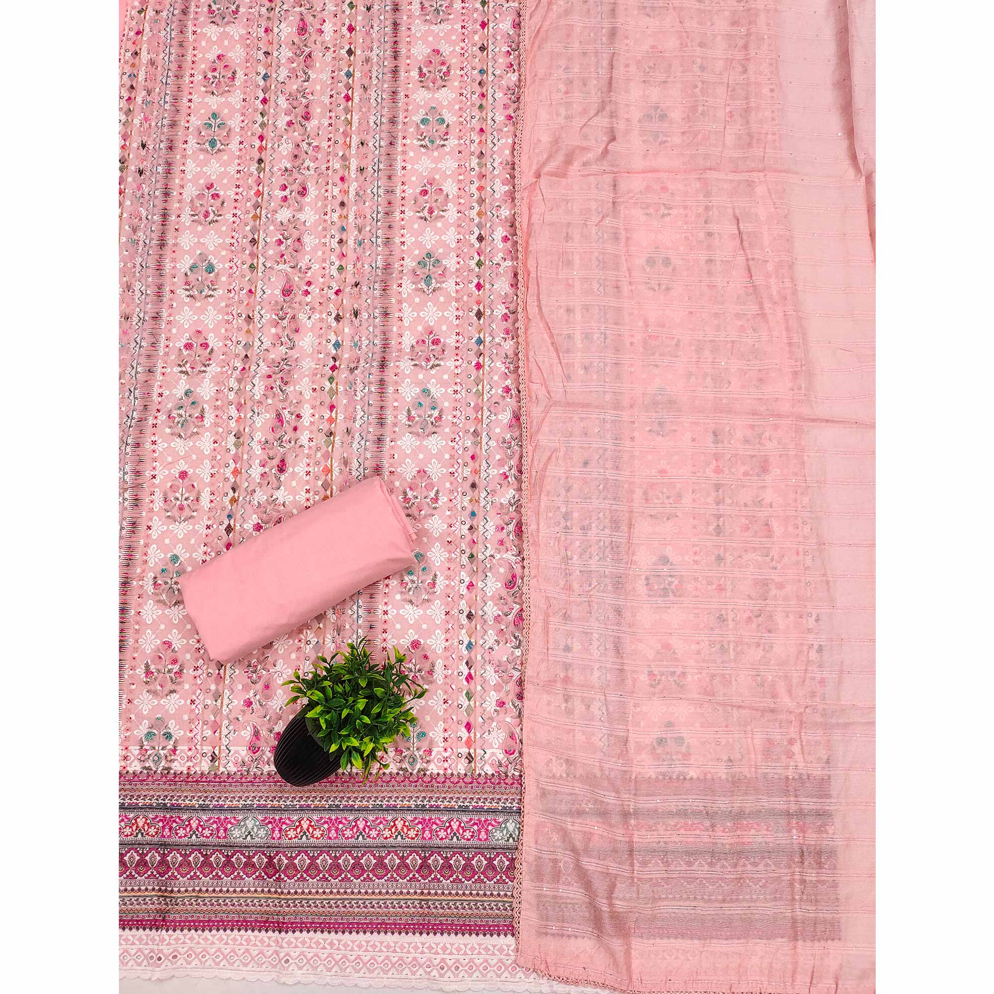 Pink Floral Print Cotton Suit Material with Detailed Handwork Embroidery