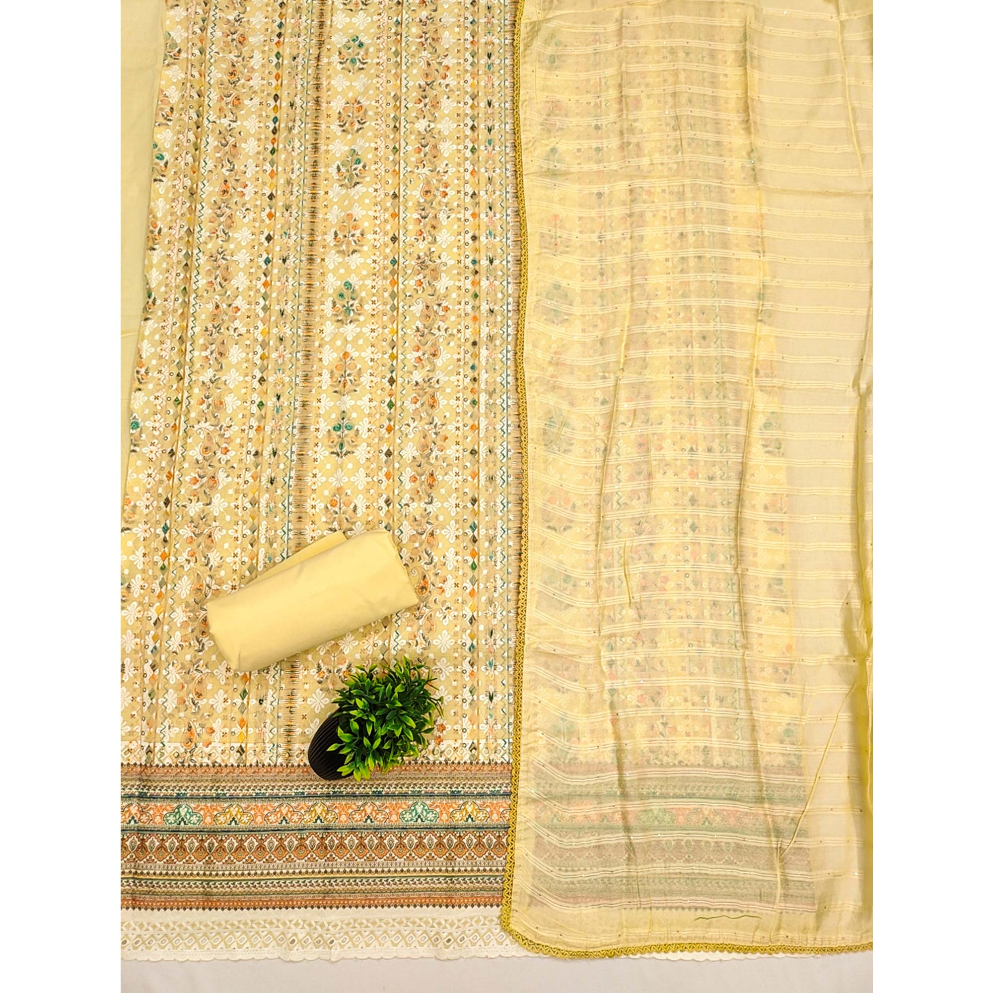 Yellow Floral Print Cotton Suit Material with Detailed Handwork Embroidery