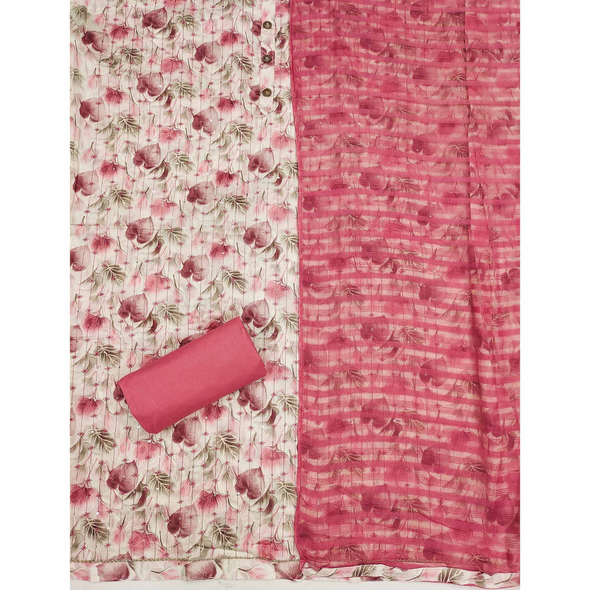 Cream Pink Printed Cotton Blend Dress Material with Embroidery