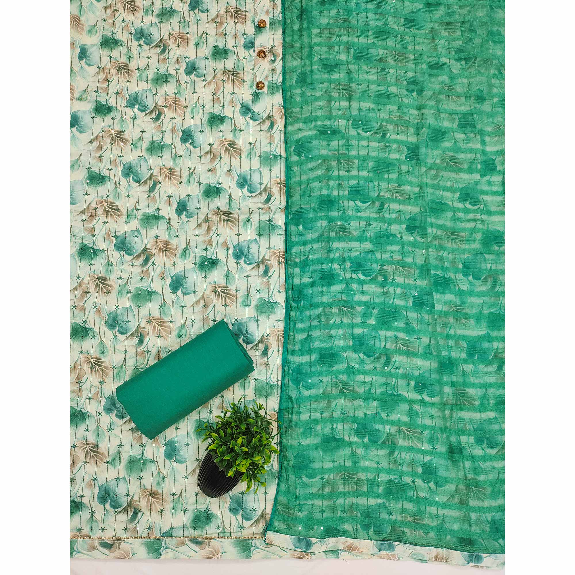 Cream Rama Green Printed Cotton Blend Dress Material with Embroidery