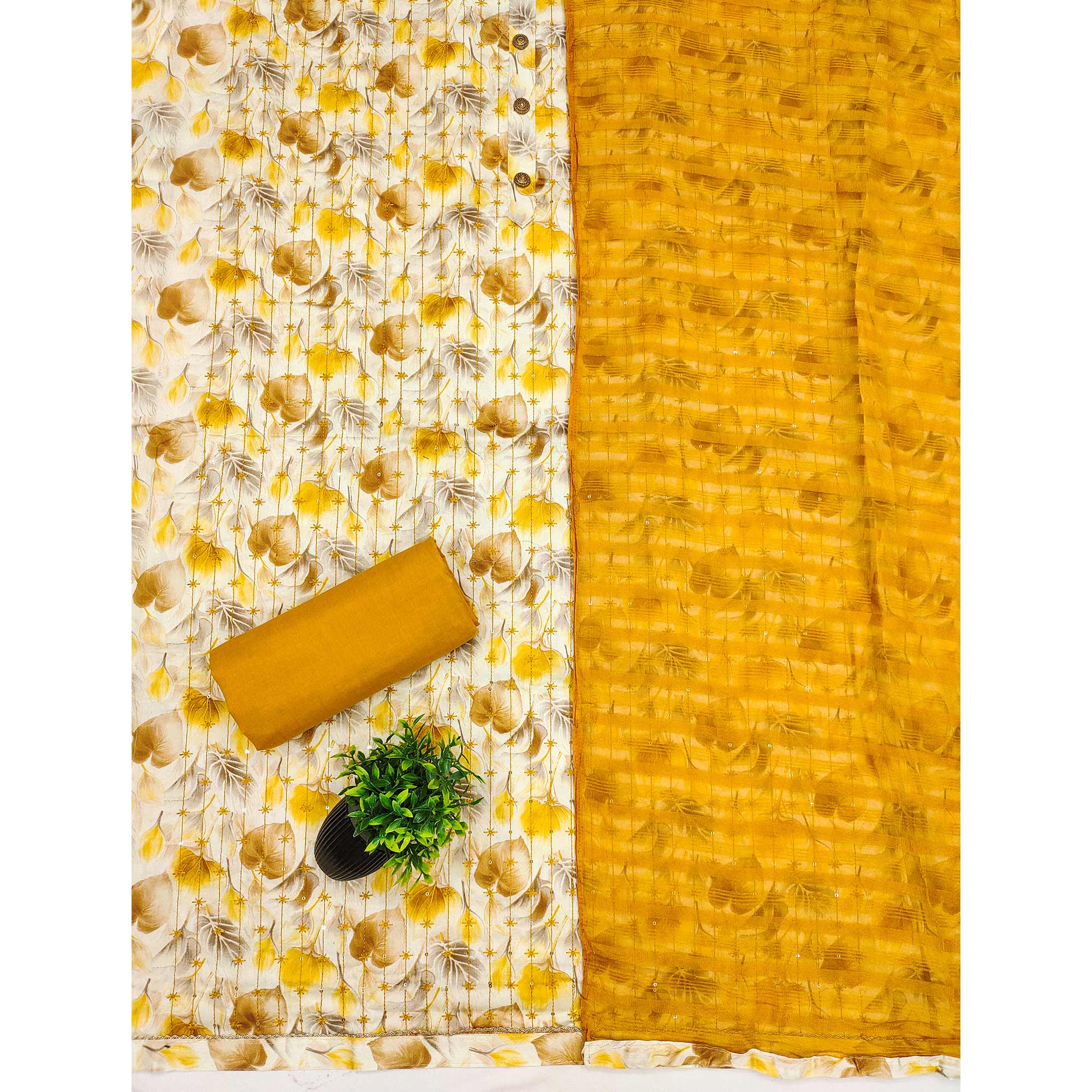 Cream Mustard Printed Cotton Blend Dress Material with Embroidery