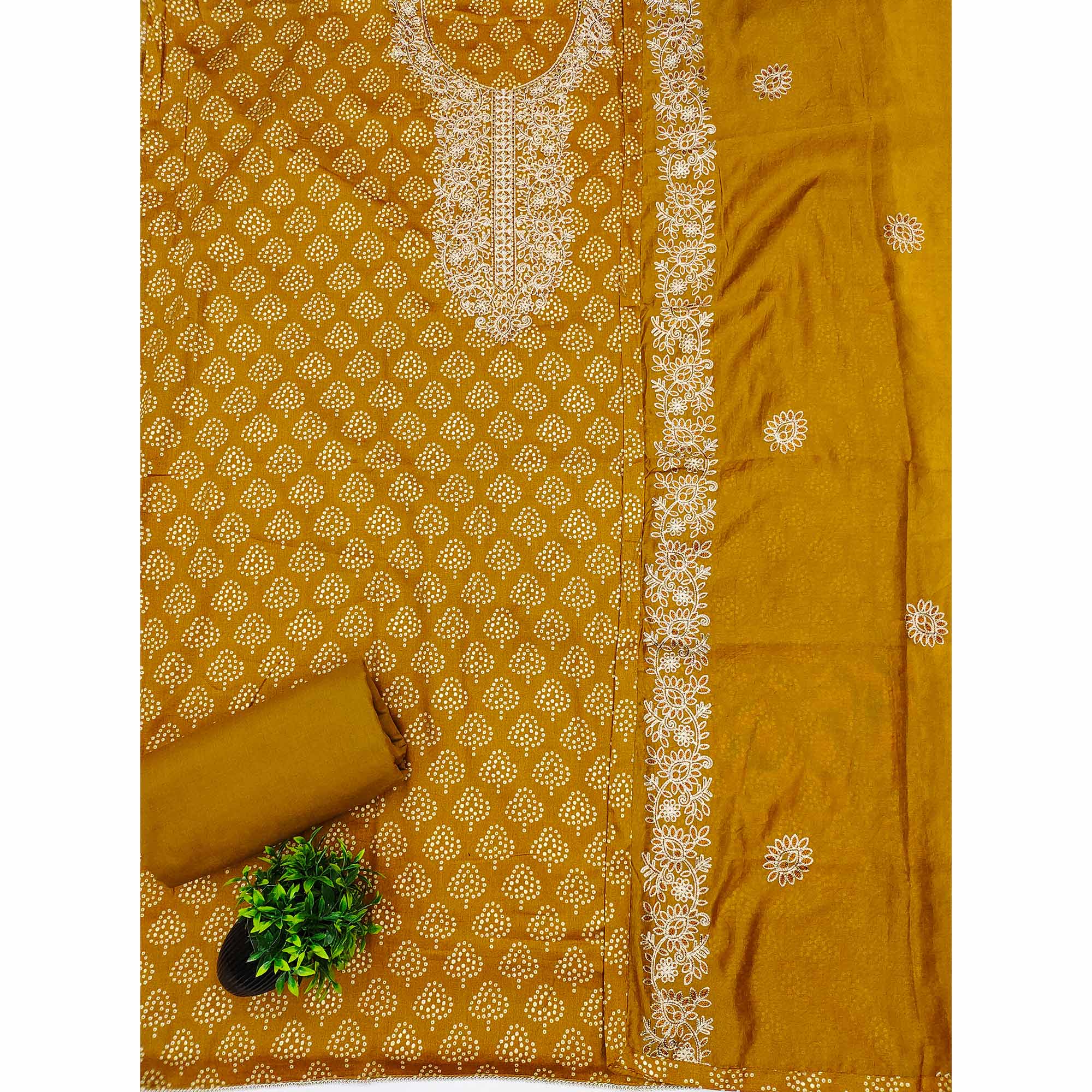 Mustard Bandhani Print Cotton Dress Material Accented with Embroidered Neckline