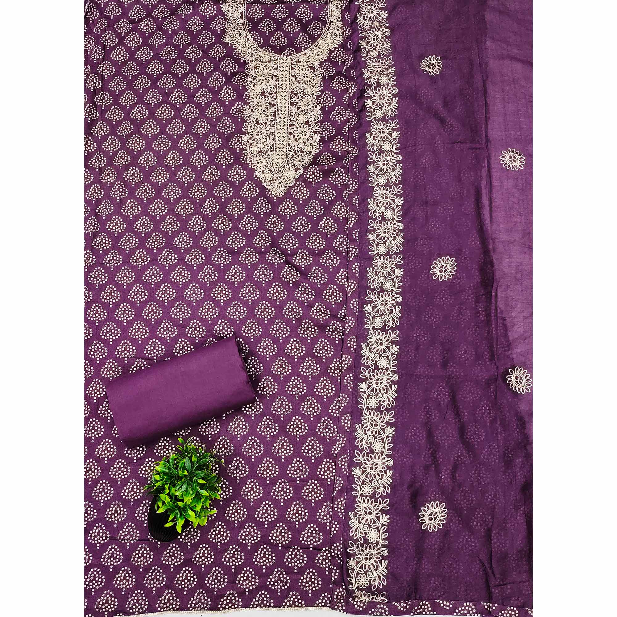 Purple Bandhani Print Cotton Dress Material Accented with Embroidered Neckline