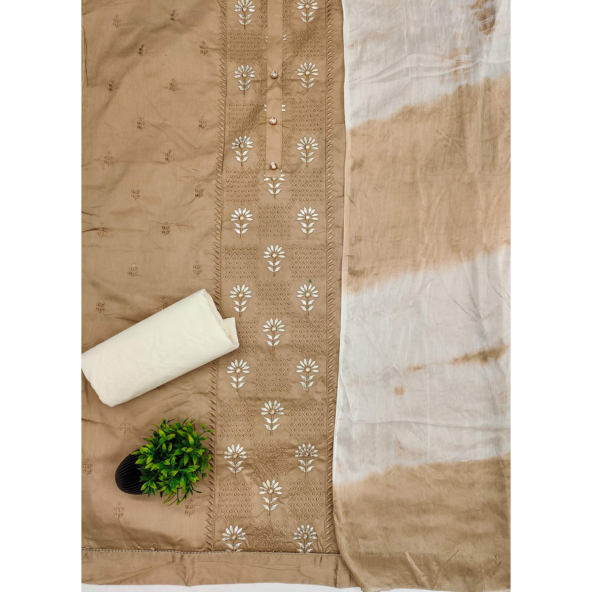 Stylish Chikoo Flower Motif Embroidery With Sequins Work Cotton Blend Dress Material