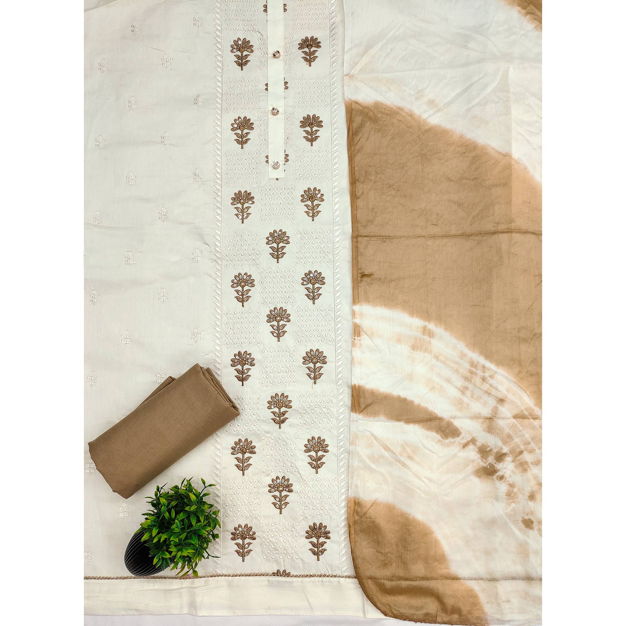 Stylish Offwhite Flower Motif Embroidery With Sequins Work Cotton Blend Dress Material