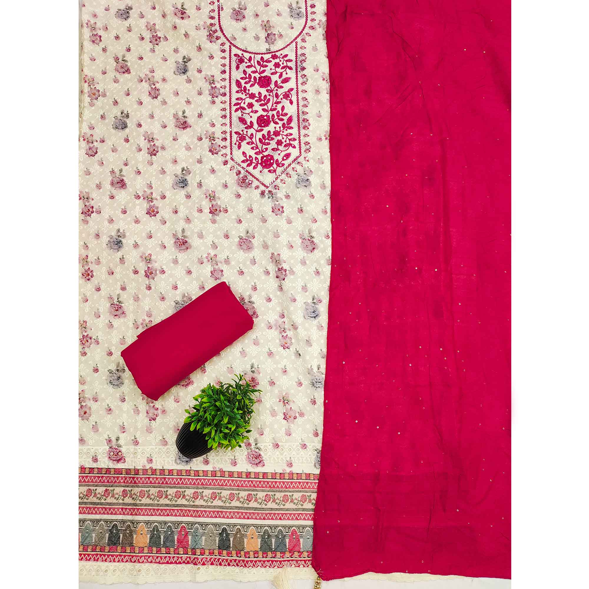 Elegant Offwhite Floral Chikankari Embroidery & Sequins Work Cotton Blend Dress Material