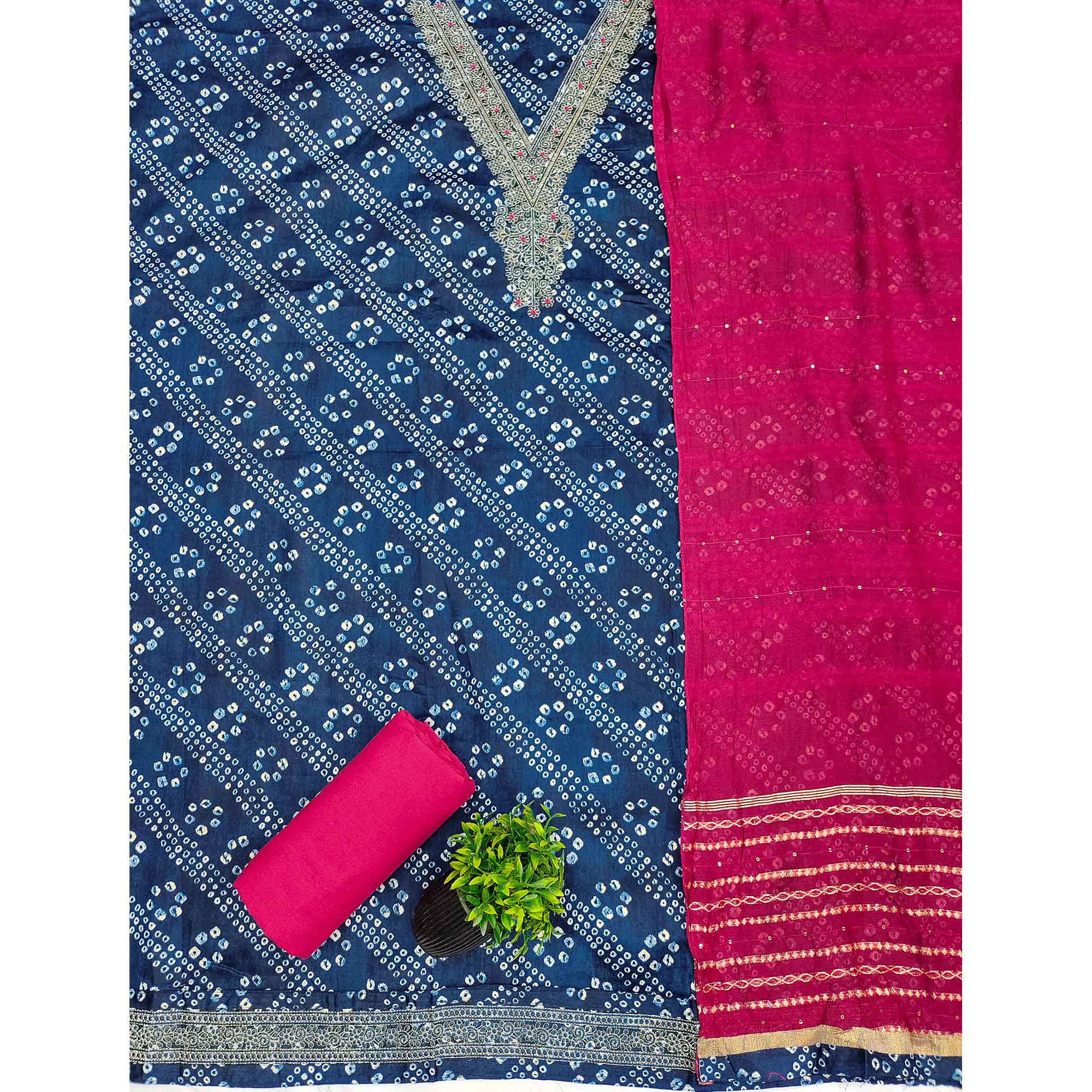 Blue Bandhani Print Cotton Blend Dress Material With Intricate Neck Embroidery Work