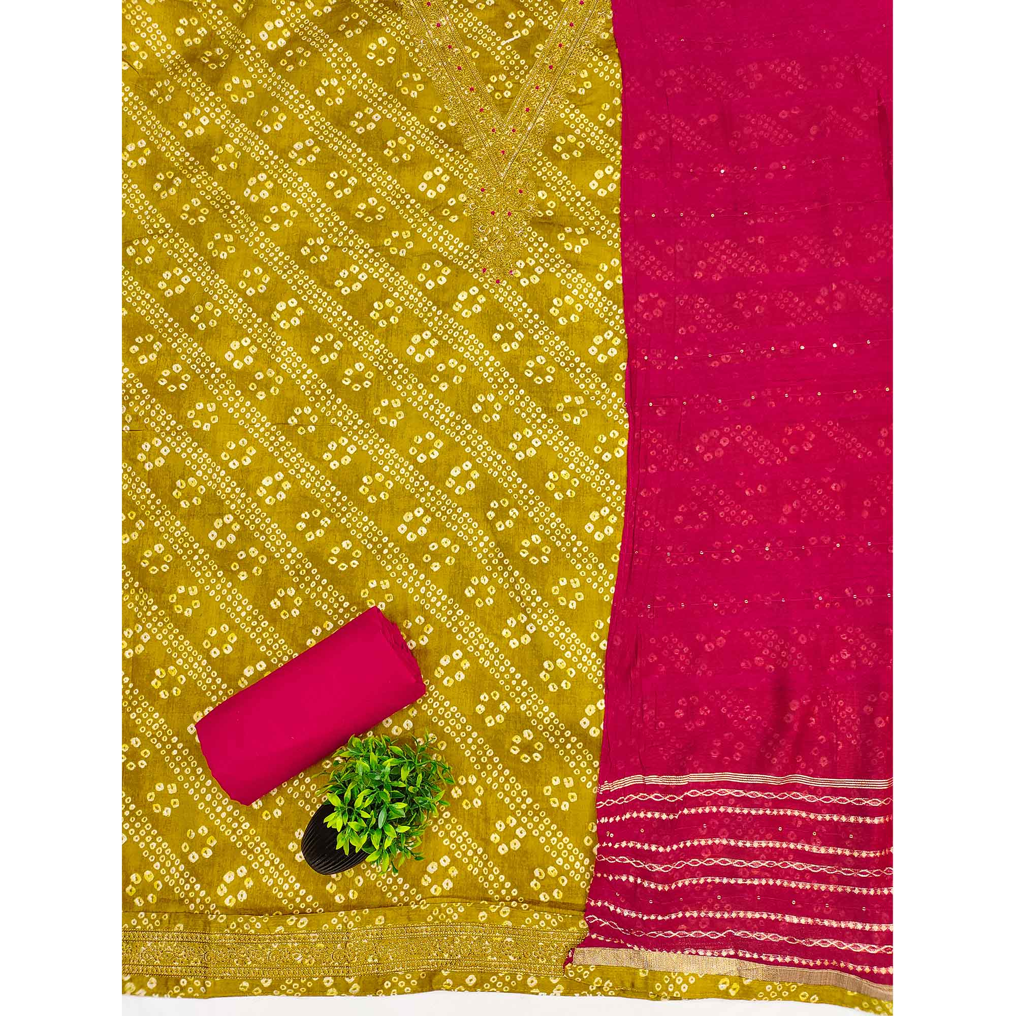 Dark Mustard Bandhani Print Cotton Blend Dress Material With Intricate Neck Embroidery Work