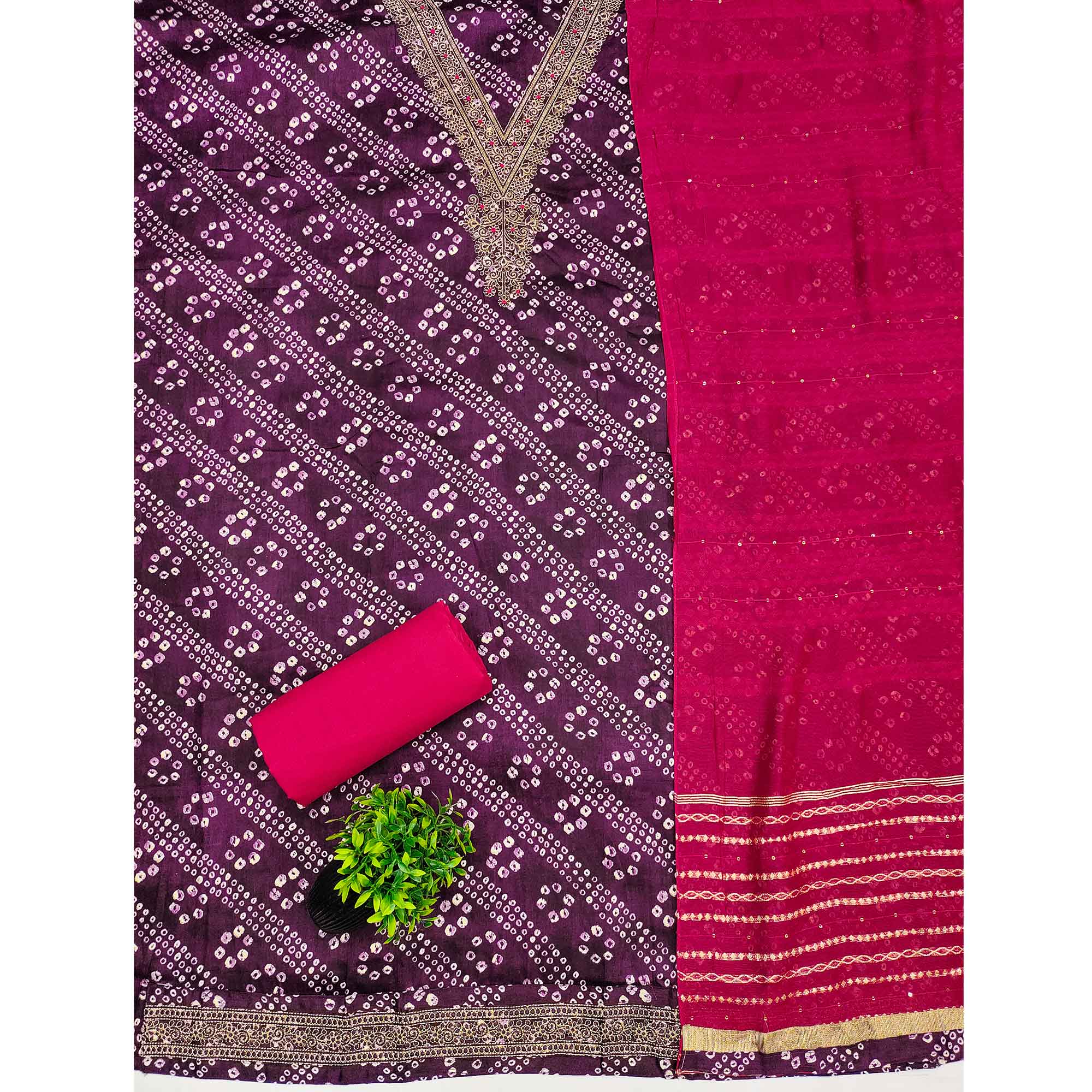 Dark Purple Bandhani Print Cotton Blend Dress Material With Intricate Neck Embroidery Work