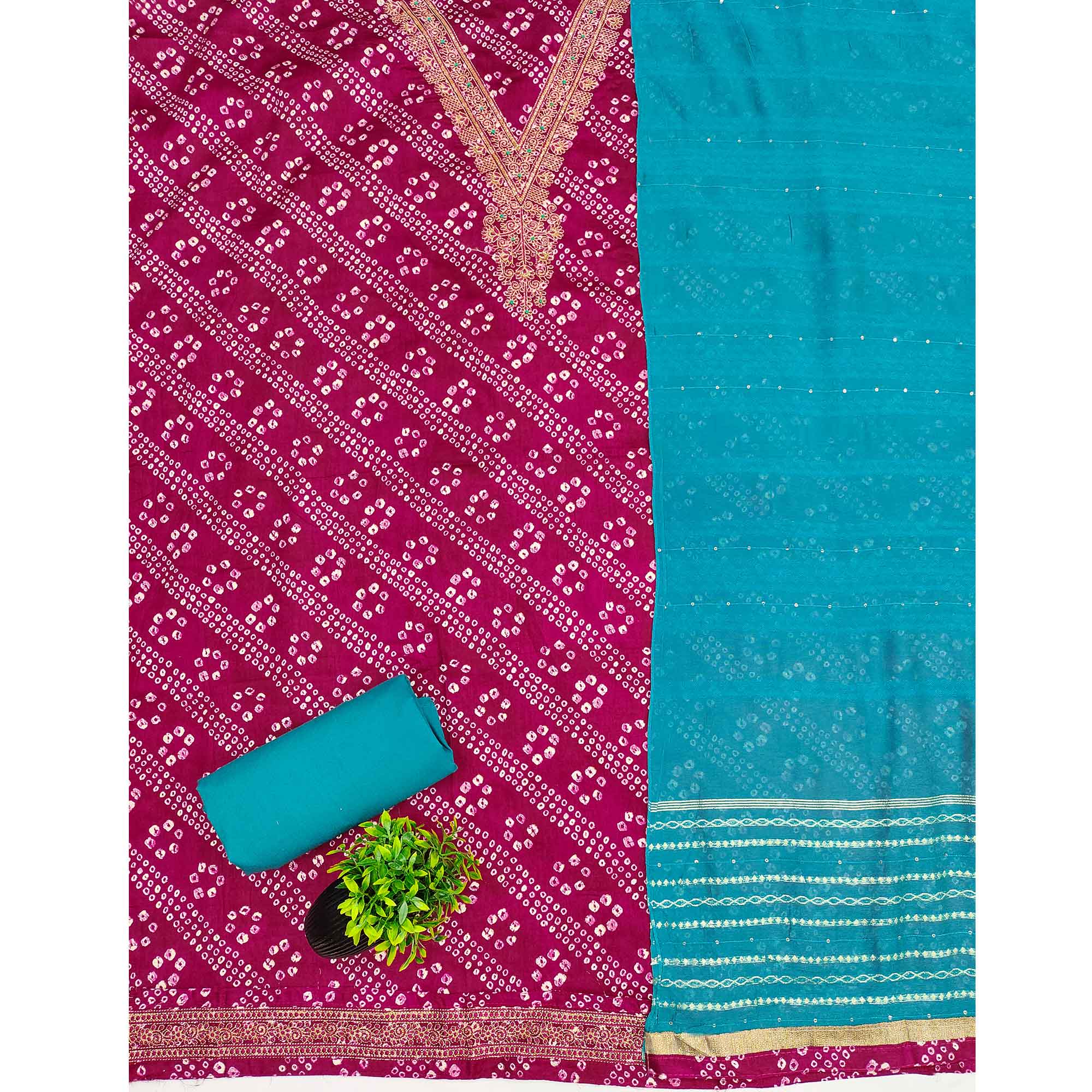 Dark Rani Pink Bandhani Print Cotton Blend Dress Material With Intricate Neck Embroidery Work