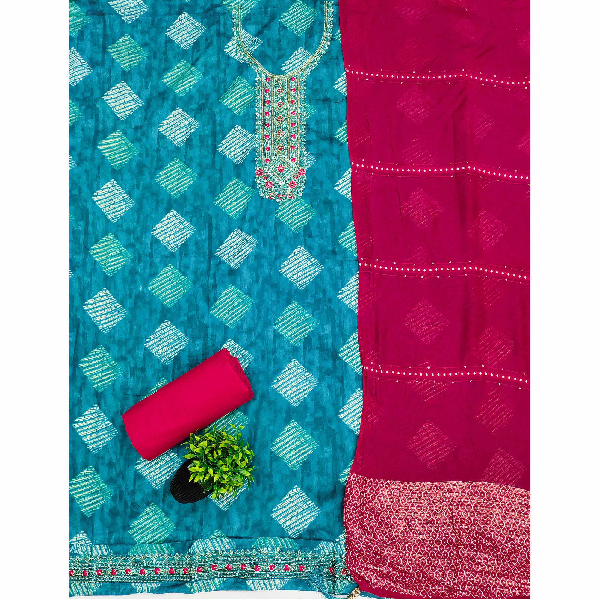 Chic Blue Geometric Print Cotton Blend Dress Material With Stylish Floral Neck Embroidery