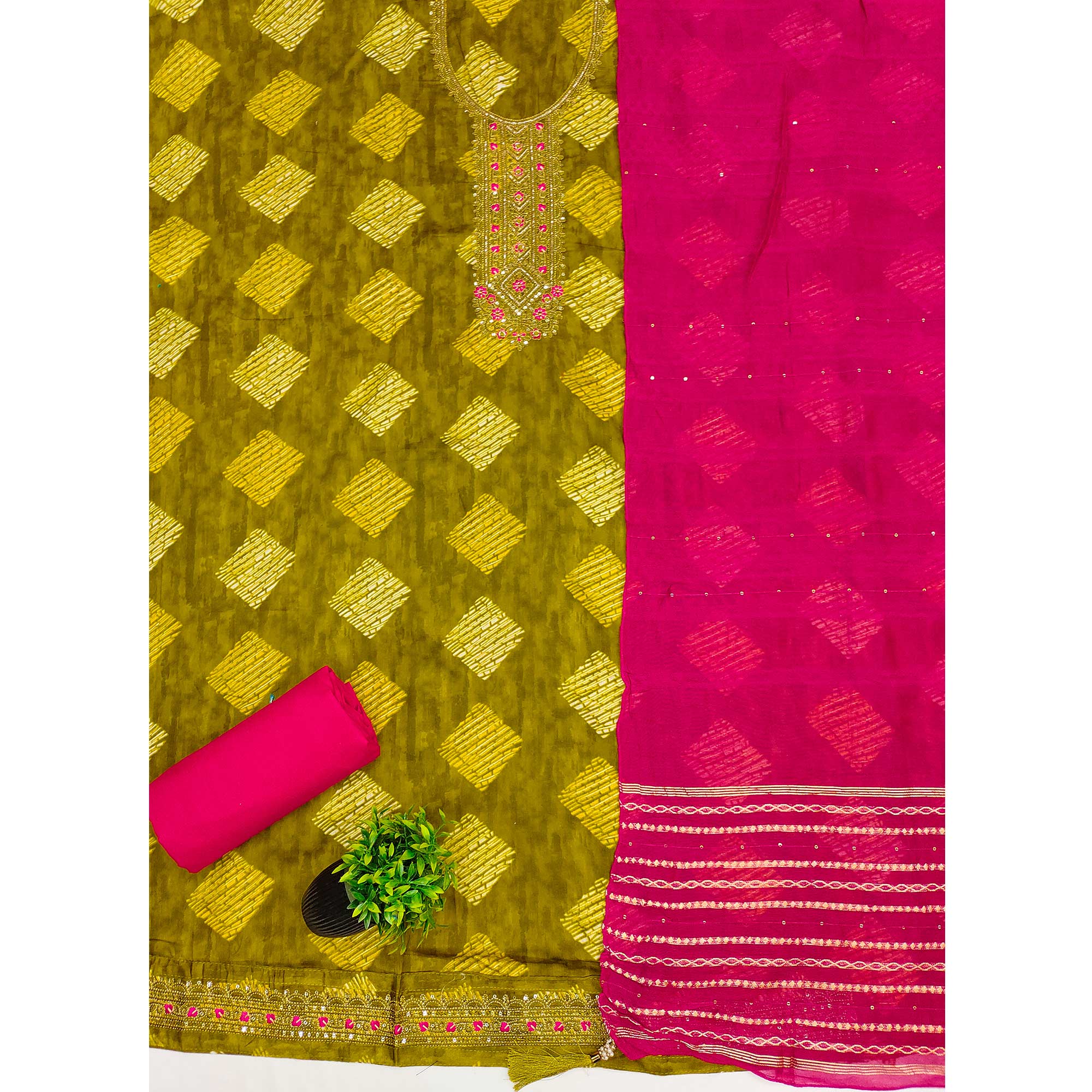 Chic Green Geometric Print Cotton Blend Dress Material With Stylish Floral Neck Embroidery