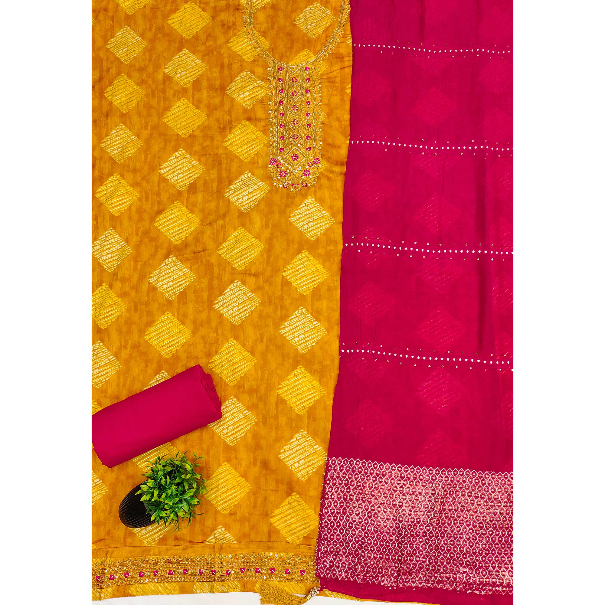 Chic Mustard Geometric Print Cotton Blend Dress Material With Stylish Floral Neck Embroidery