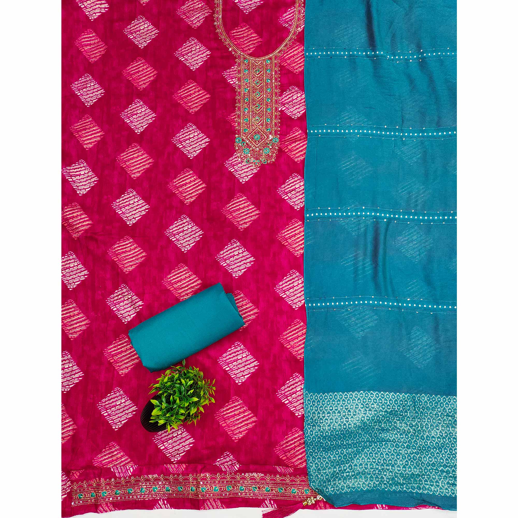 Chic Pink Geometric Print Cotton Blend Dress Material With Stylish Floral Neck Embroidery