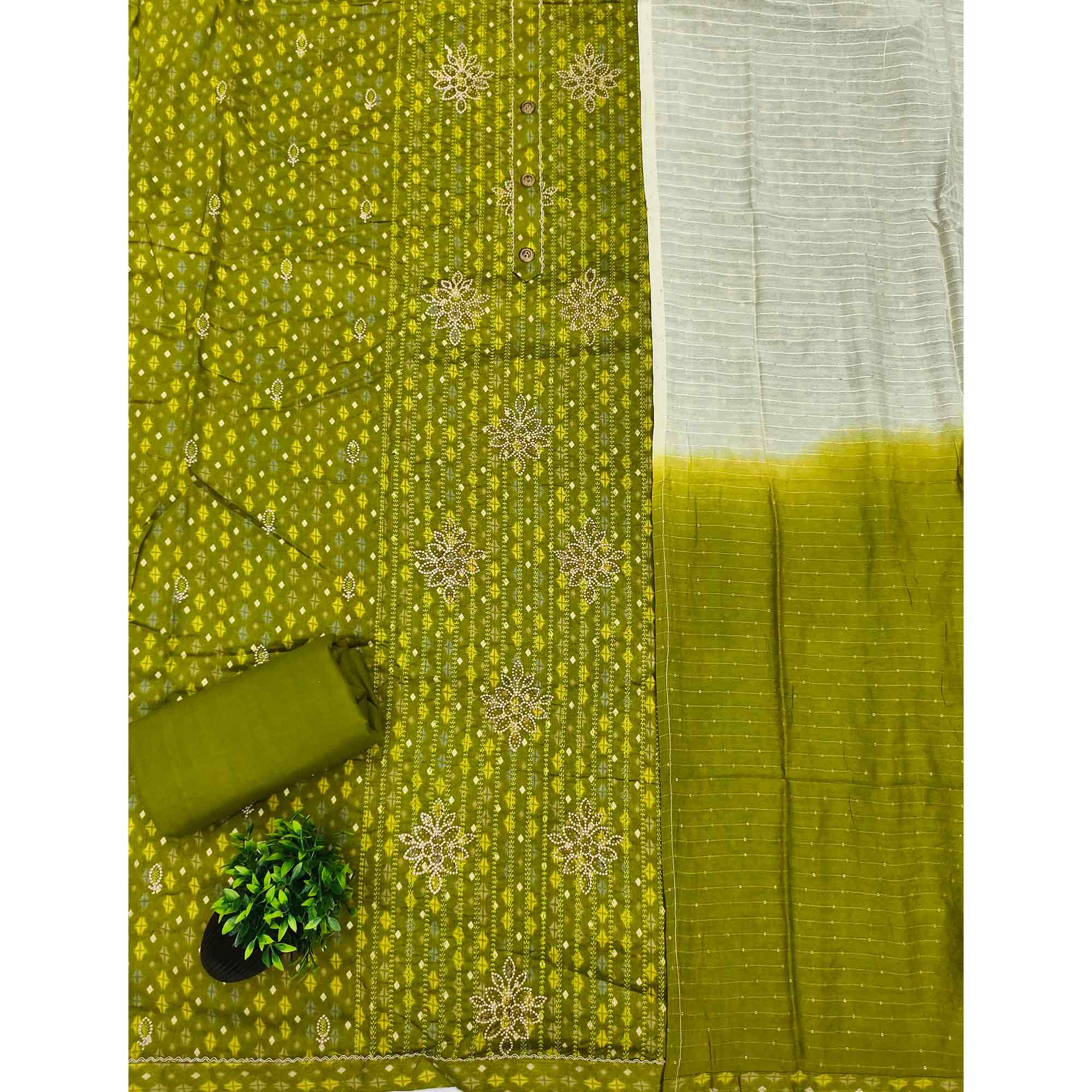 Green Cotton Blend Dress Material Adorned With Exquisite Floral Embroidery & Sparkling Stonework
