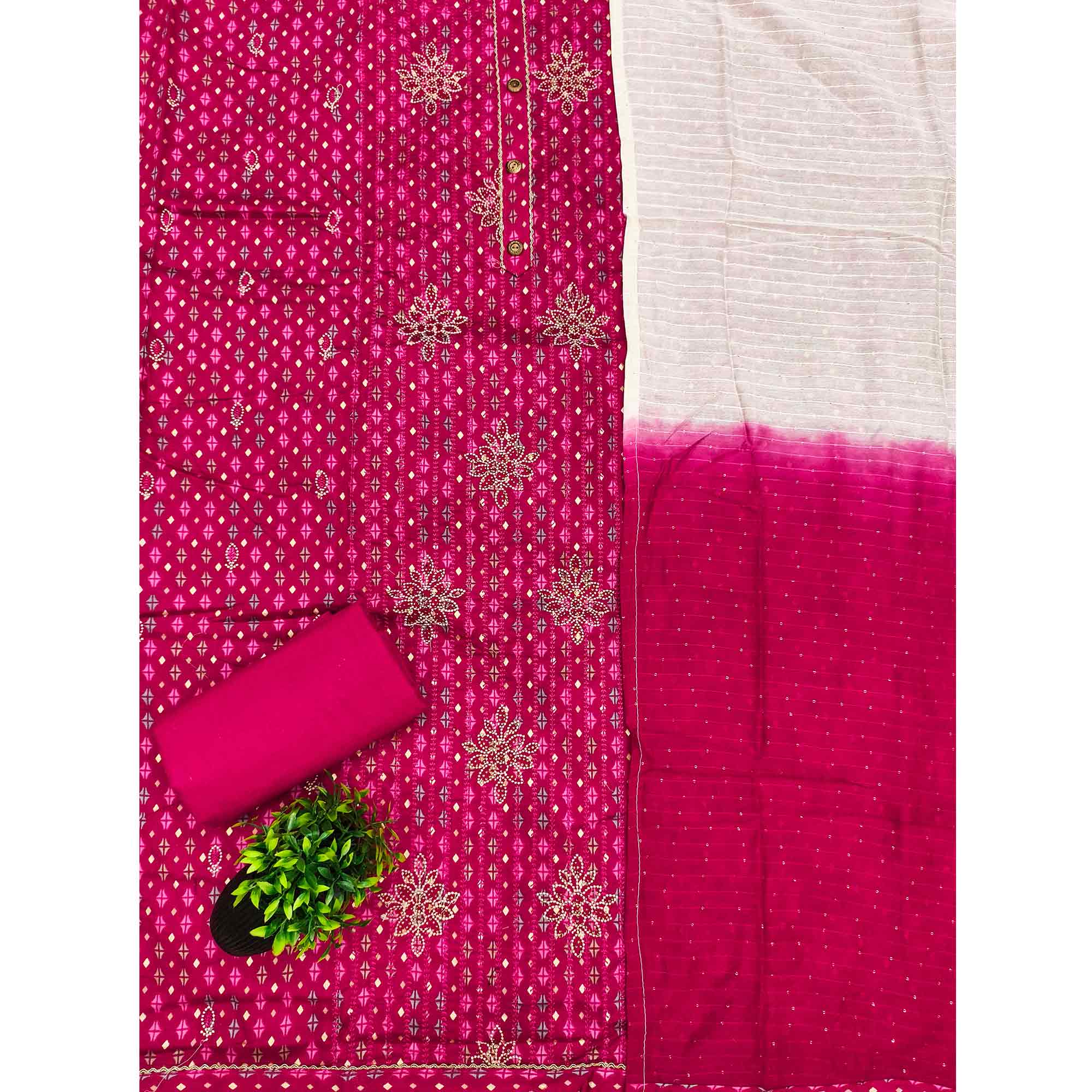 Pink Cotton Blend Dress Material Adorned With Exquisite Floral Embroidery & Sparkling Stonework