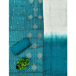 Teal Cotton Blend Dress Material Adorned With Exquisite Floral Embroidery & Sparkling Stonework