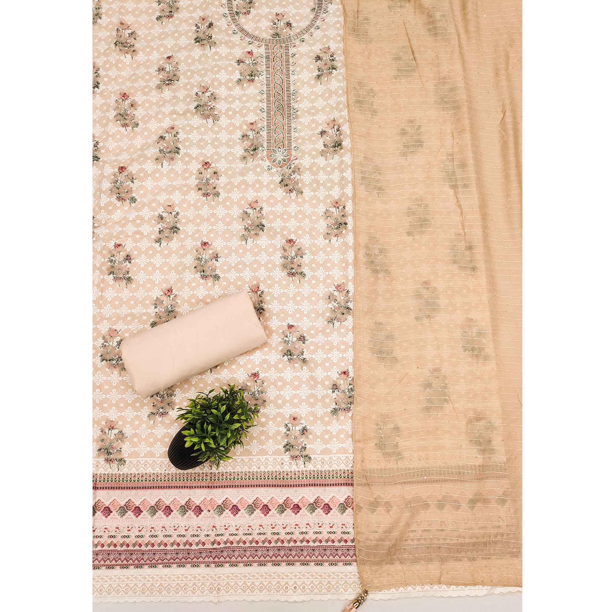 Light Peach Pure Cotton Dress Material Featuring Elegant Floral Embroidery With Shimmering Sequins