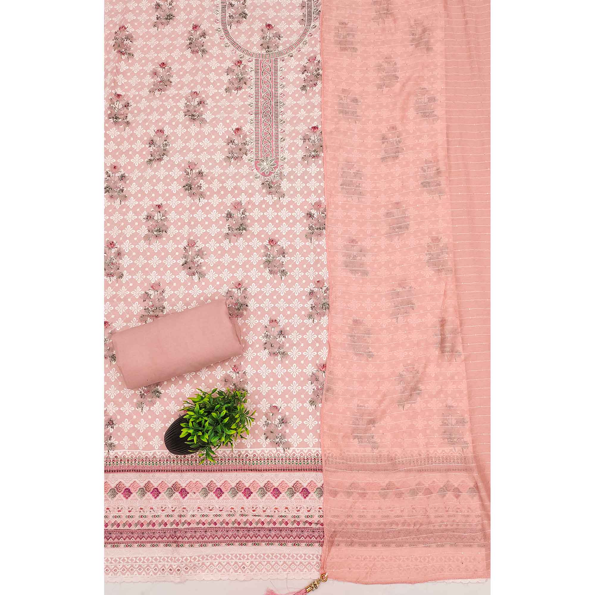 Pink Pure Cotton Dress Material Featuring Elegant Floral Embroidery With Shimmering Sequins