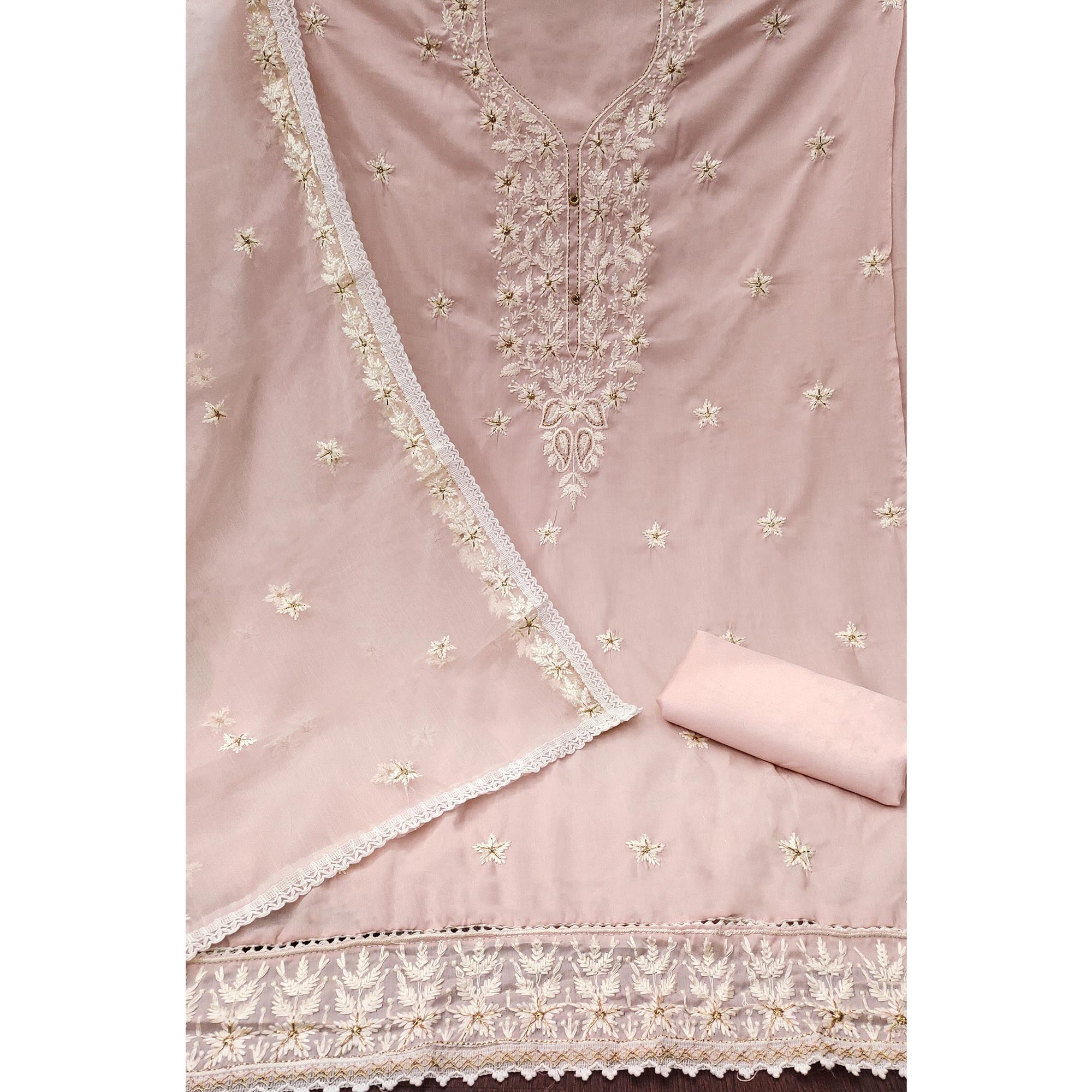 Peach Floral Embroidered Cotton Blend Dress Material