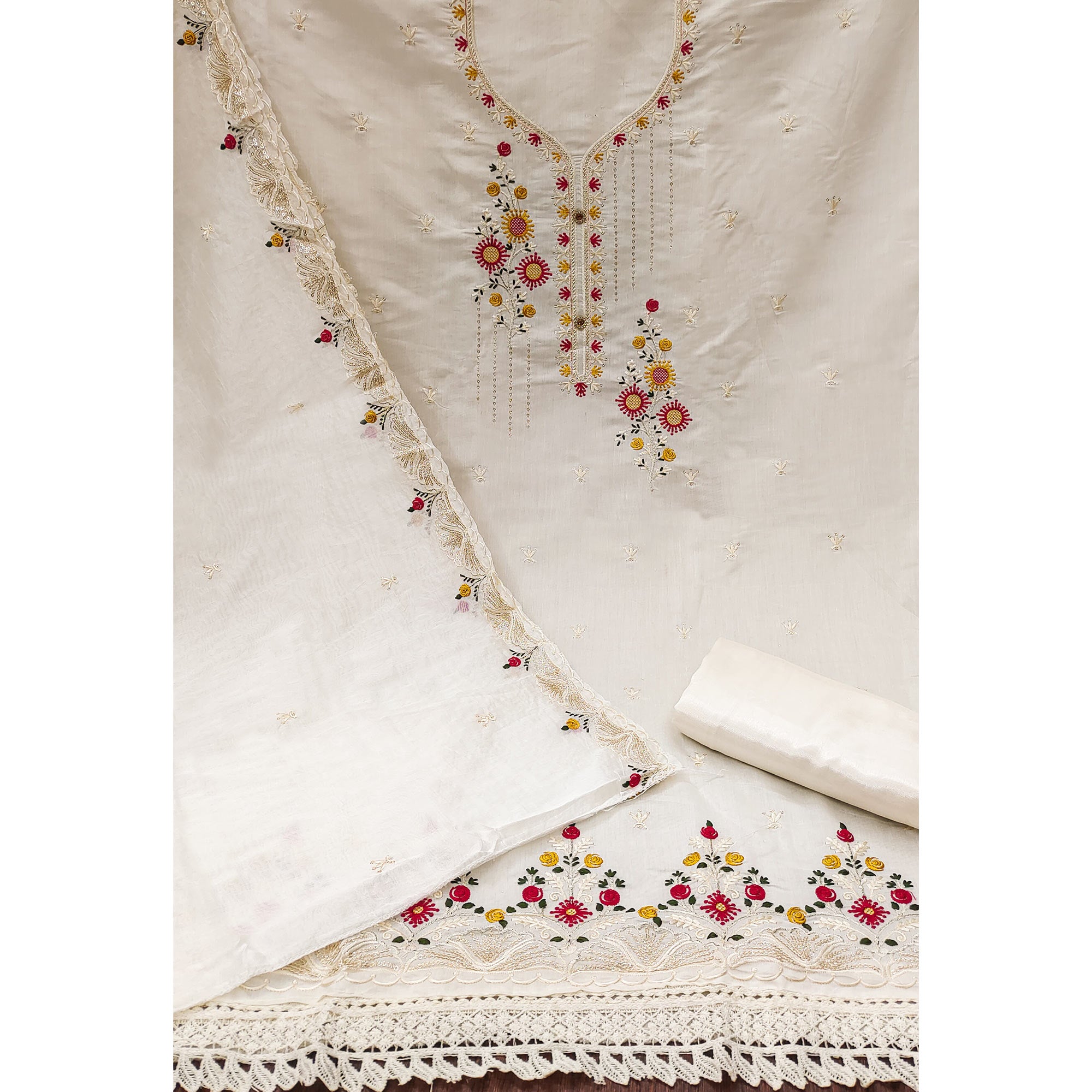 White Floral Embroidered Cotton Blend Dress Material