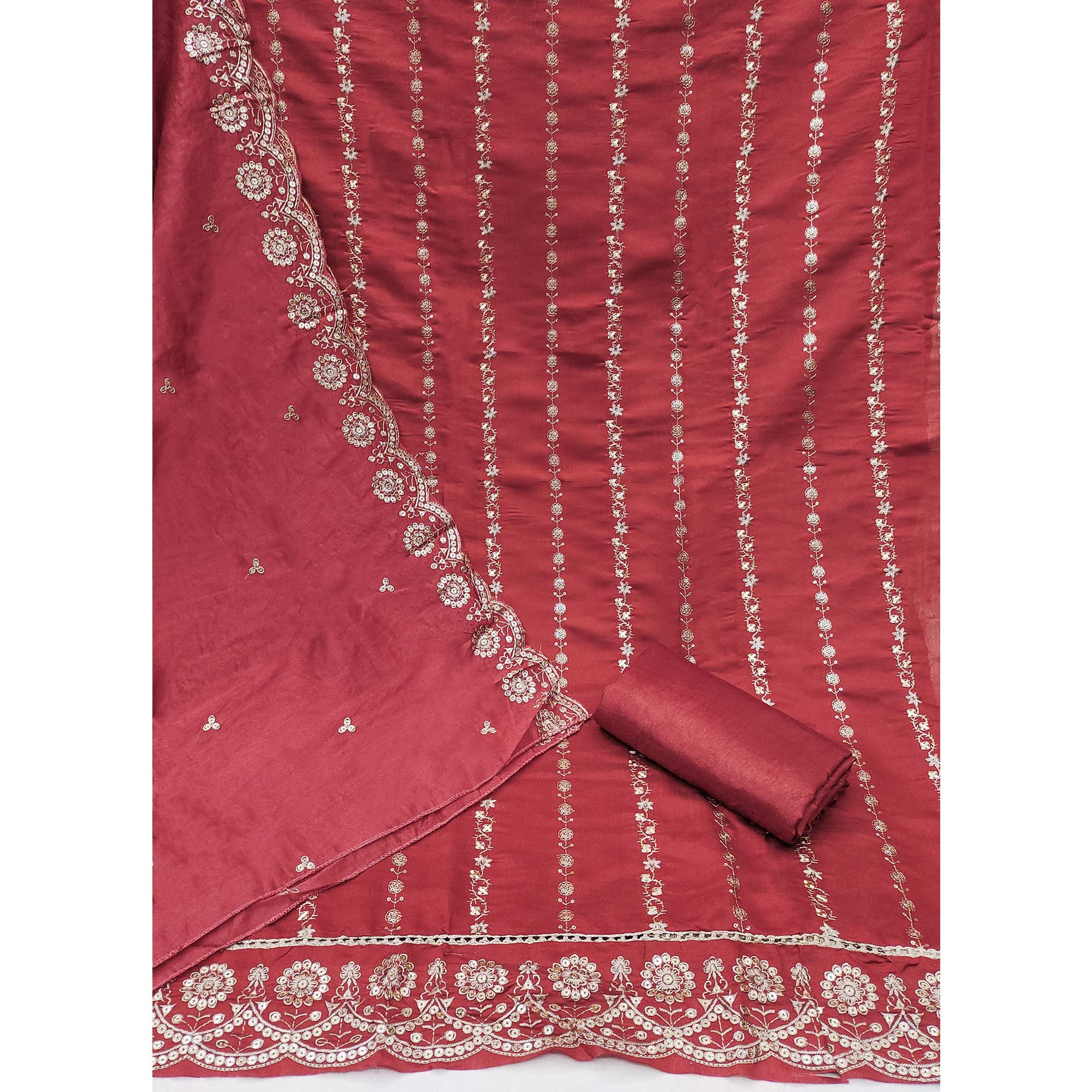 Maroon Embroidered Pure Cotton Dress Material