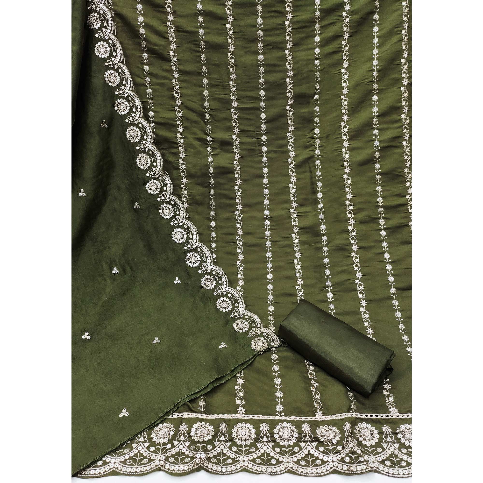 Mehandi Green Embroidered Pure Cotton Dress Material