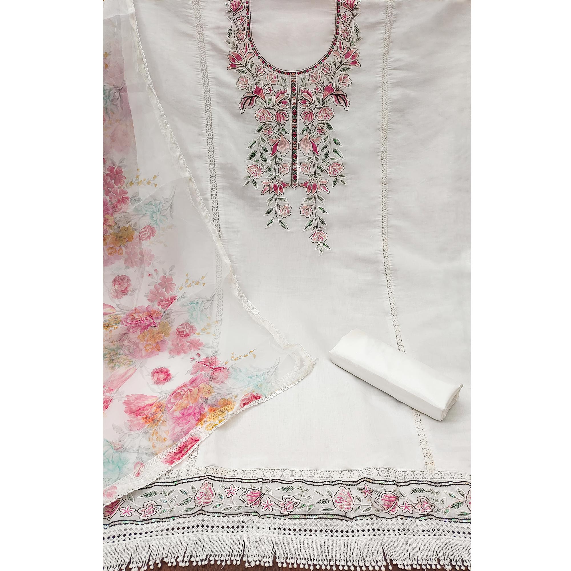 White Floral Sequins Embroidered Cotton Silk Dress Material